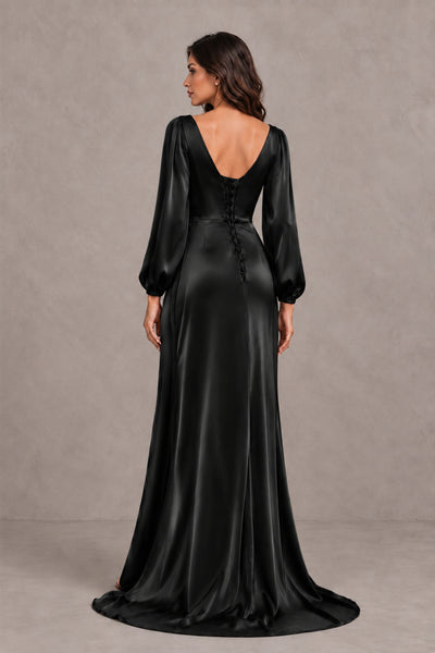 Back view of BOLODOO FQ0066 black evening gown showing low scoop open back, button-style detailing and trailing hem