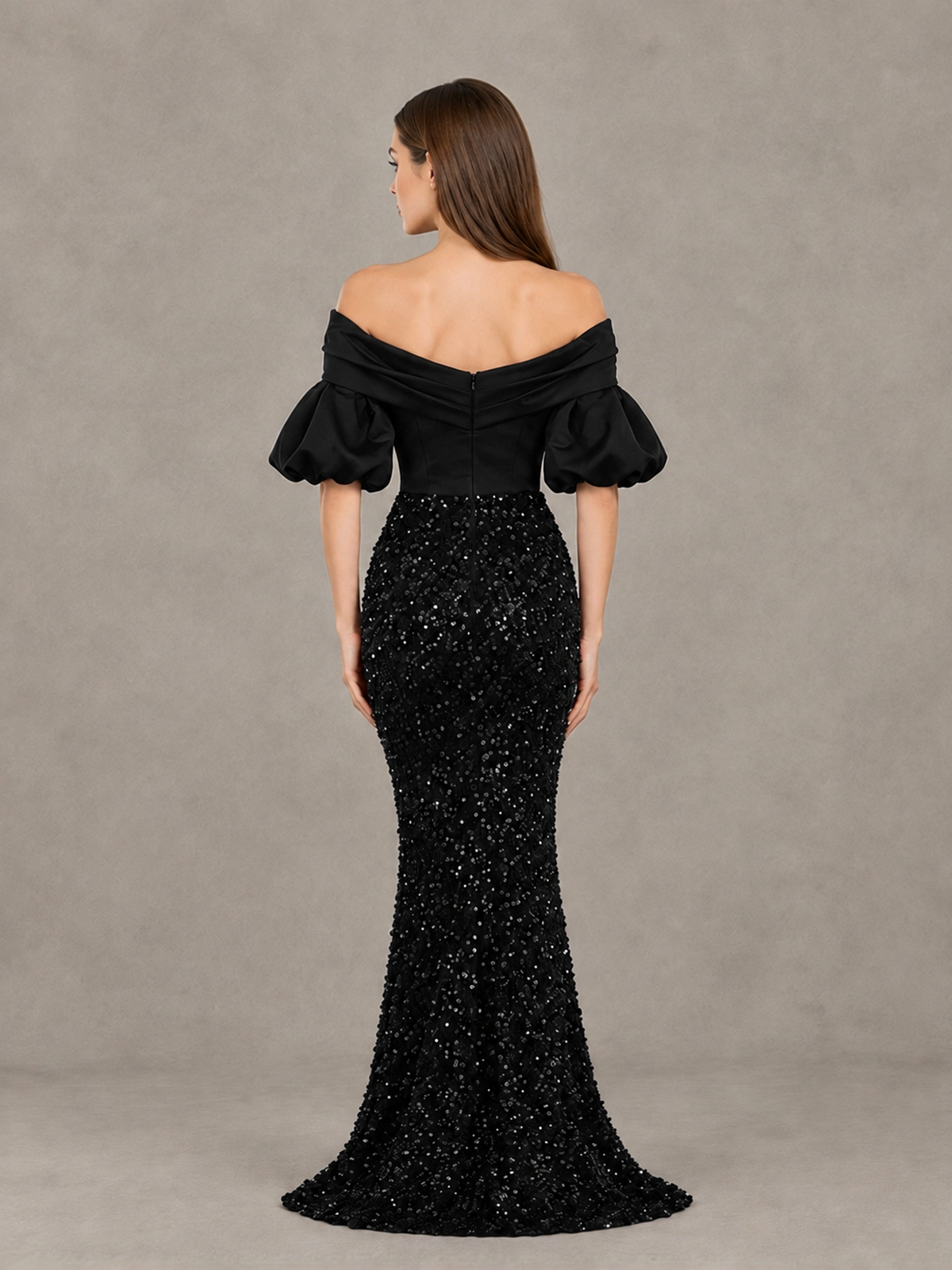 Angled front view of BOLODOO black off-shoulder evening dress with wrap-effect bodice