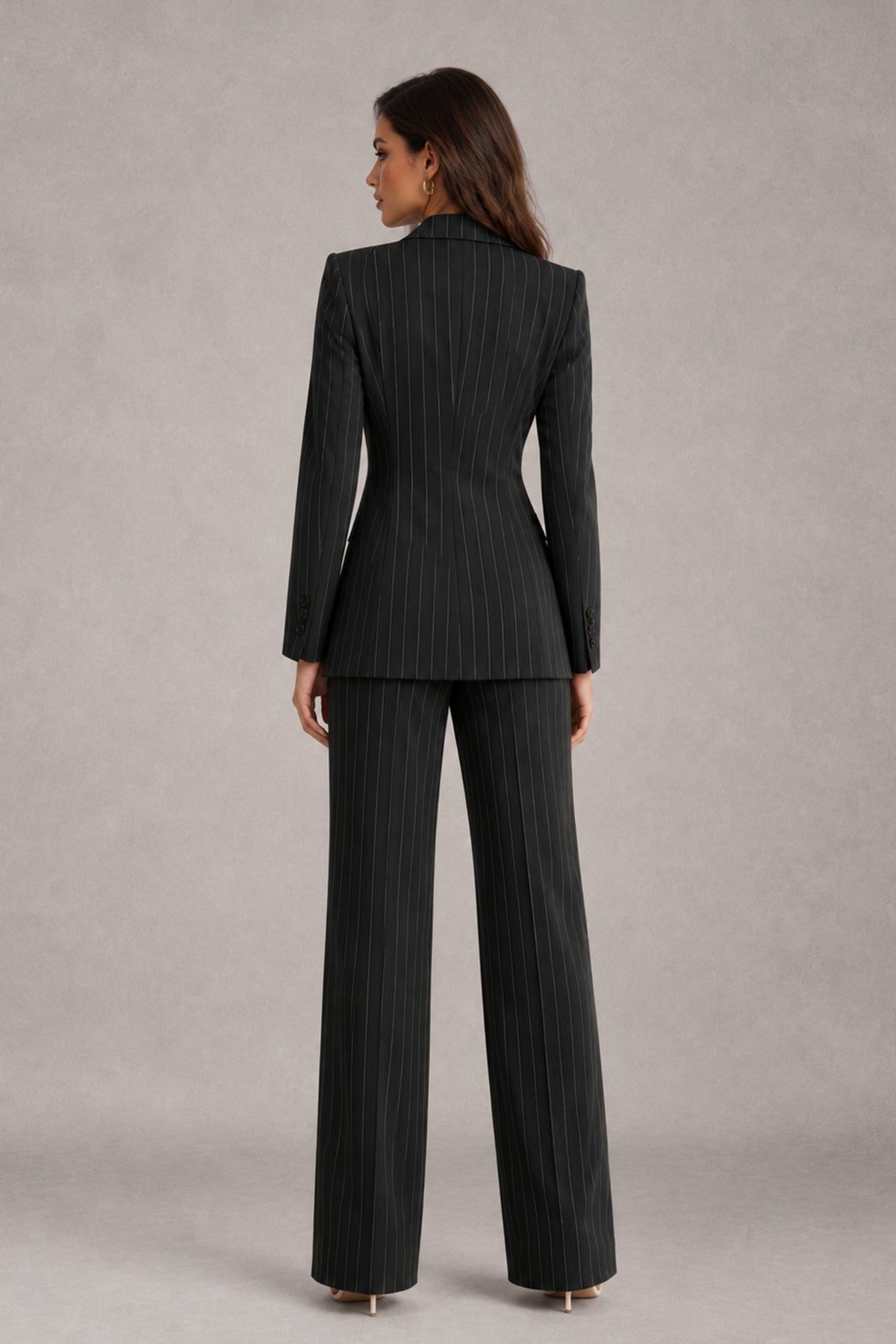 BOLODOO black pinstripe long-sleeve blazer and wide-leg trousers back view with covered back