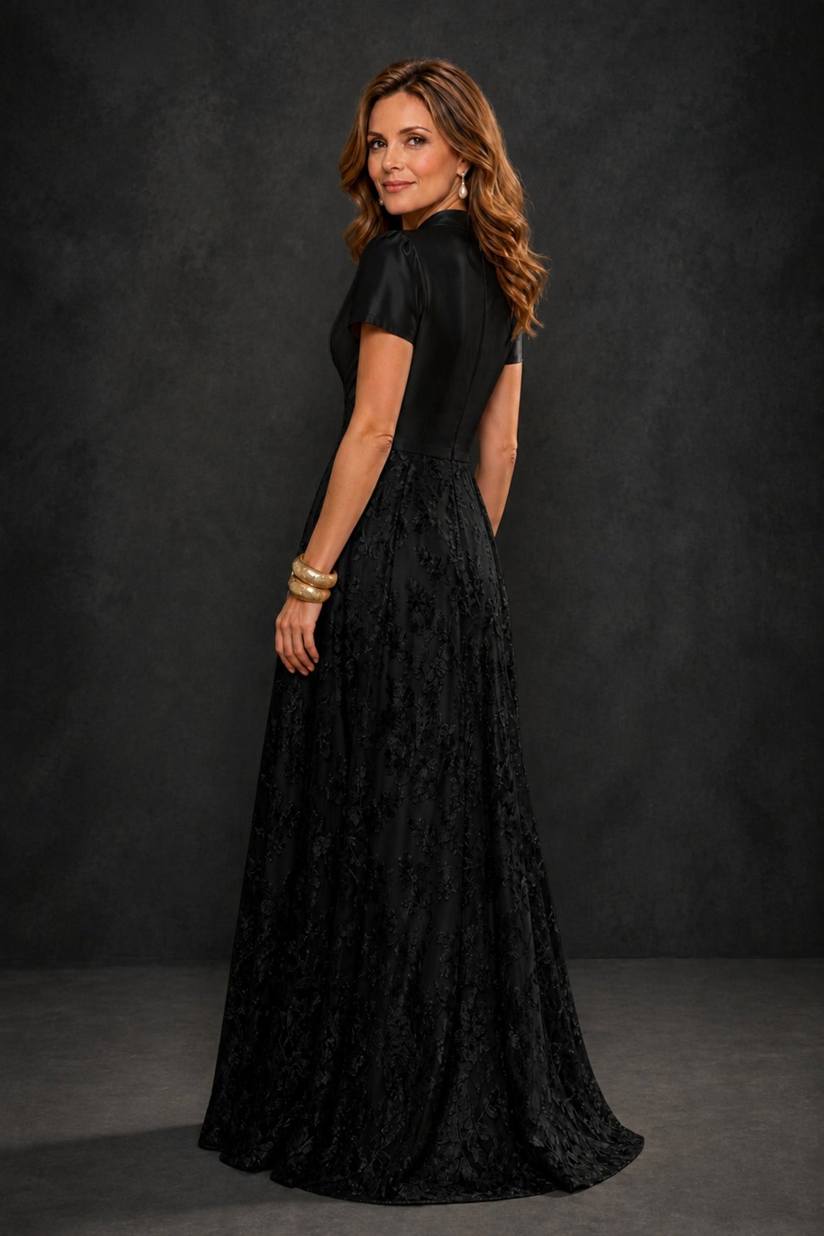 BOLODOO Black Lace A-Line Evening Gown – Back Three-Quarter View Showing Closed Back