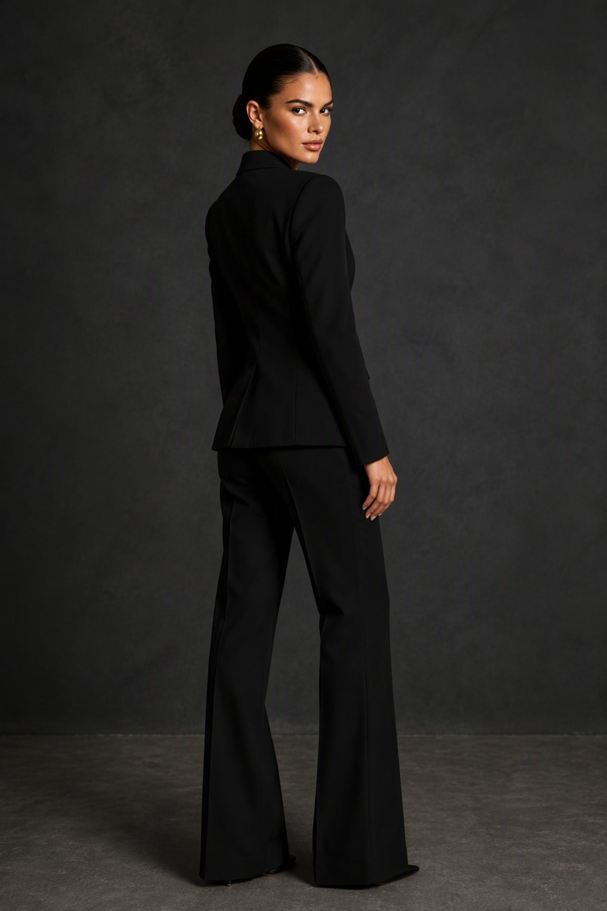 BOLODOO Black Two-Piece Blazer and Flare Pants Suit Set - Back View