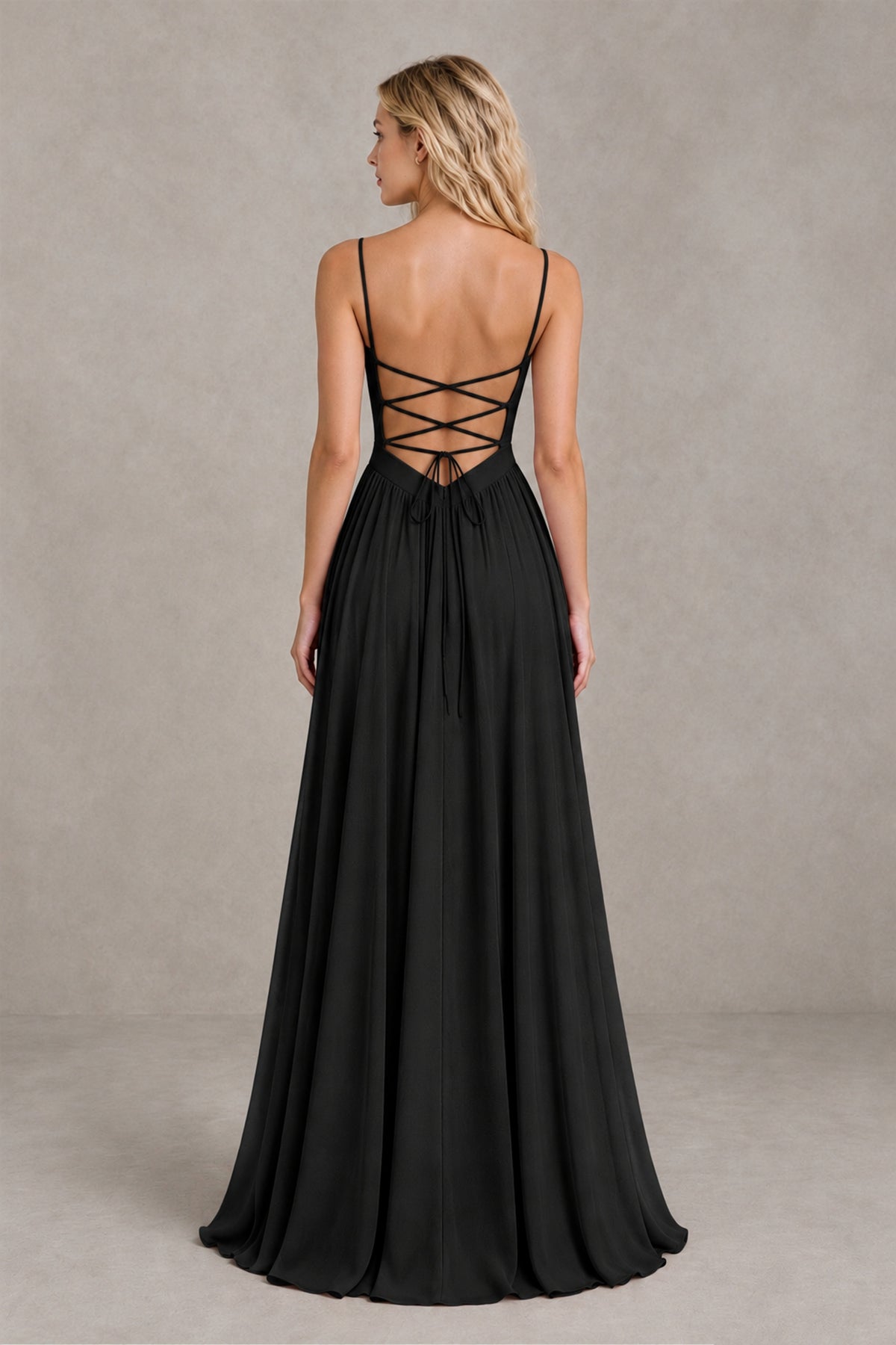 Black floor-length BOLODOO bridesmaid dress with gathered A-line skirt and front-side slit