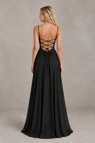 Black floor-length BOLODOO bridesmaid dress with gathered A-line skirt and front-side slit