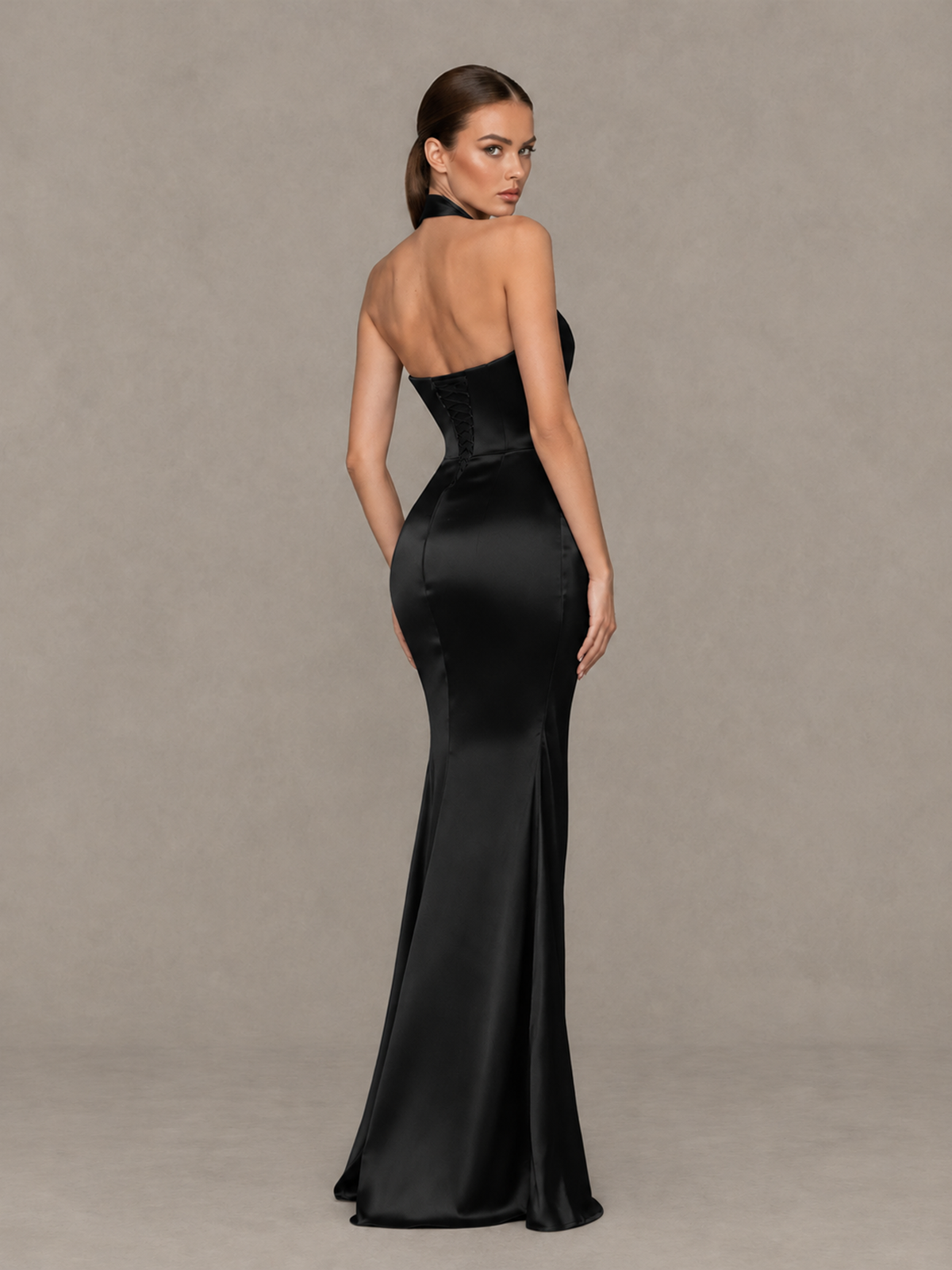 BOLODOO XCD070 crossed halter neckline and ruched bodice detail