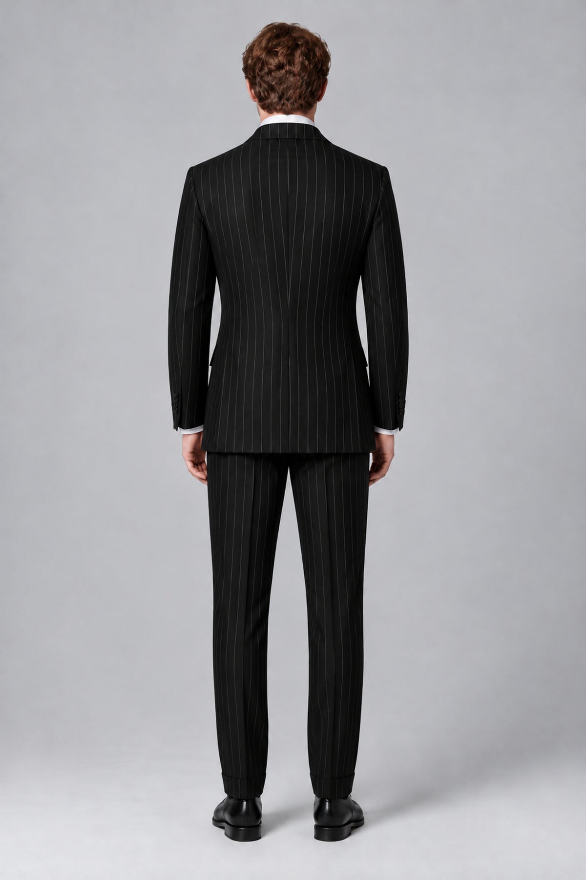 Bolodoo FQ1002 men's black pinstripe jacket and matching trousers, full back view