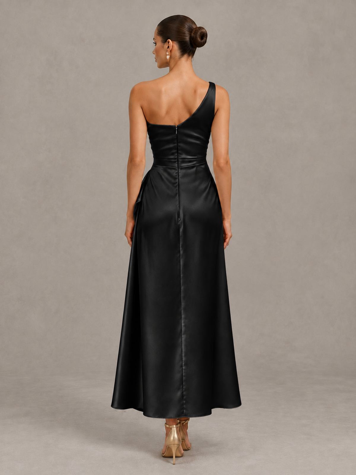 Back view of the black satin cocktail dress with covered back