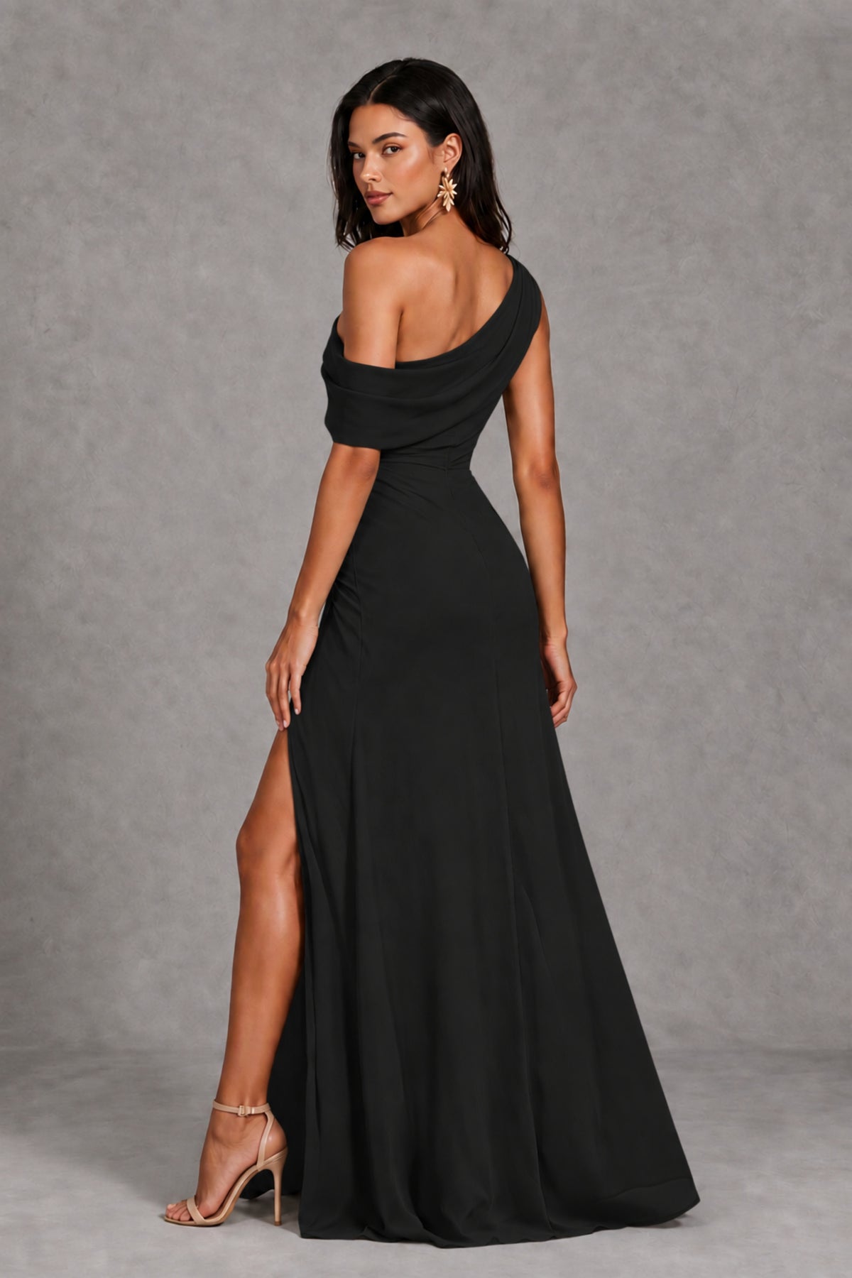 Back view of BOLODOO black floor-length one-shoulder evening gown showing asymmetric neckline