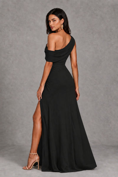 Back view of BOLODOO black floor-length one-shoulder evening gown showing asymmetric neckline