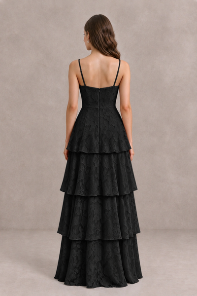 Back view of BOLODOO XX097 black tiered gown with spaghetti straps, low back and center-back zipper