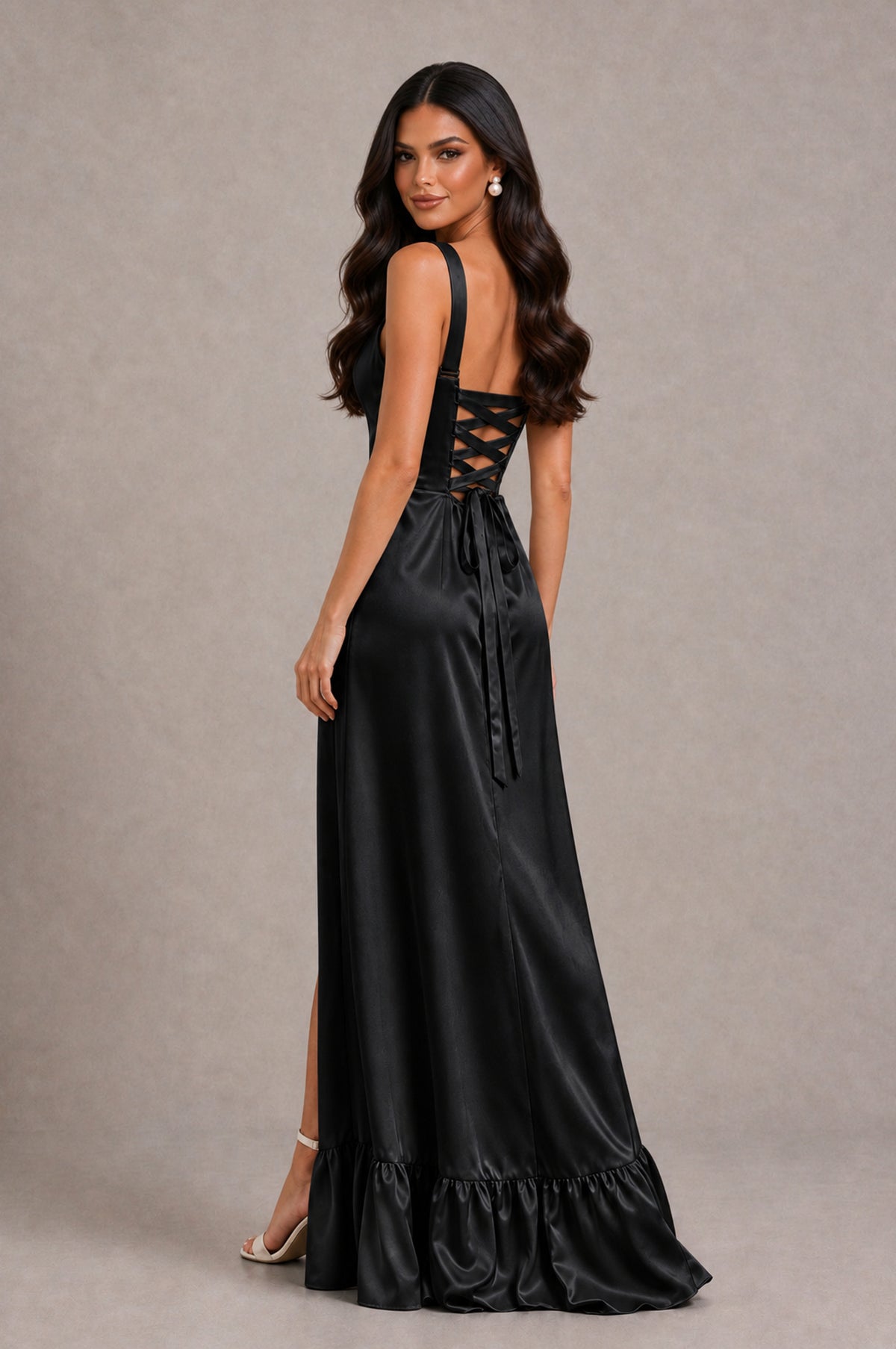 Black satin evening gown with adjustable lace-up back and tie sash, back view