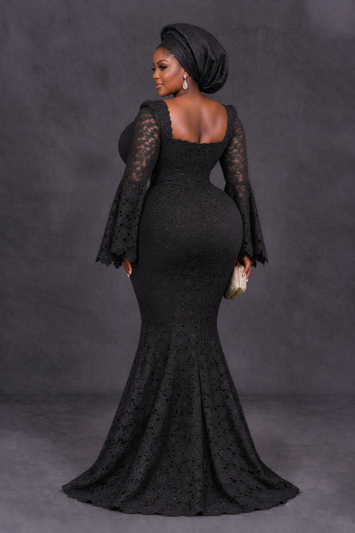 BOLODOO XX104 black lace mermaid gown, back view showing square back and sweeping train