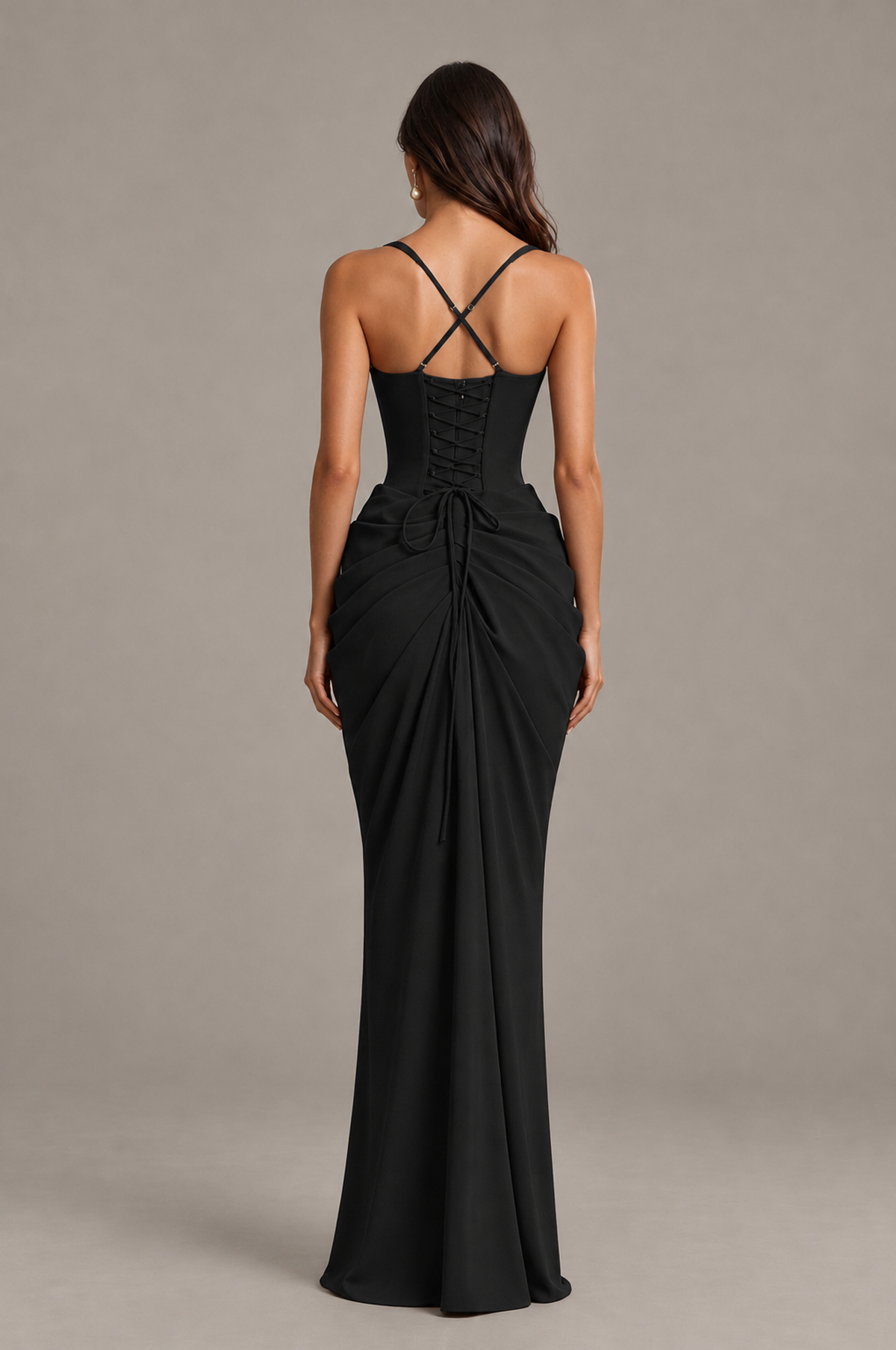 BOLODOO black evening gown with open crisscross back and lace-up bodice