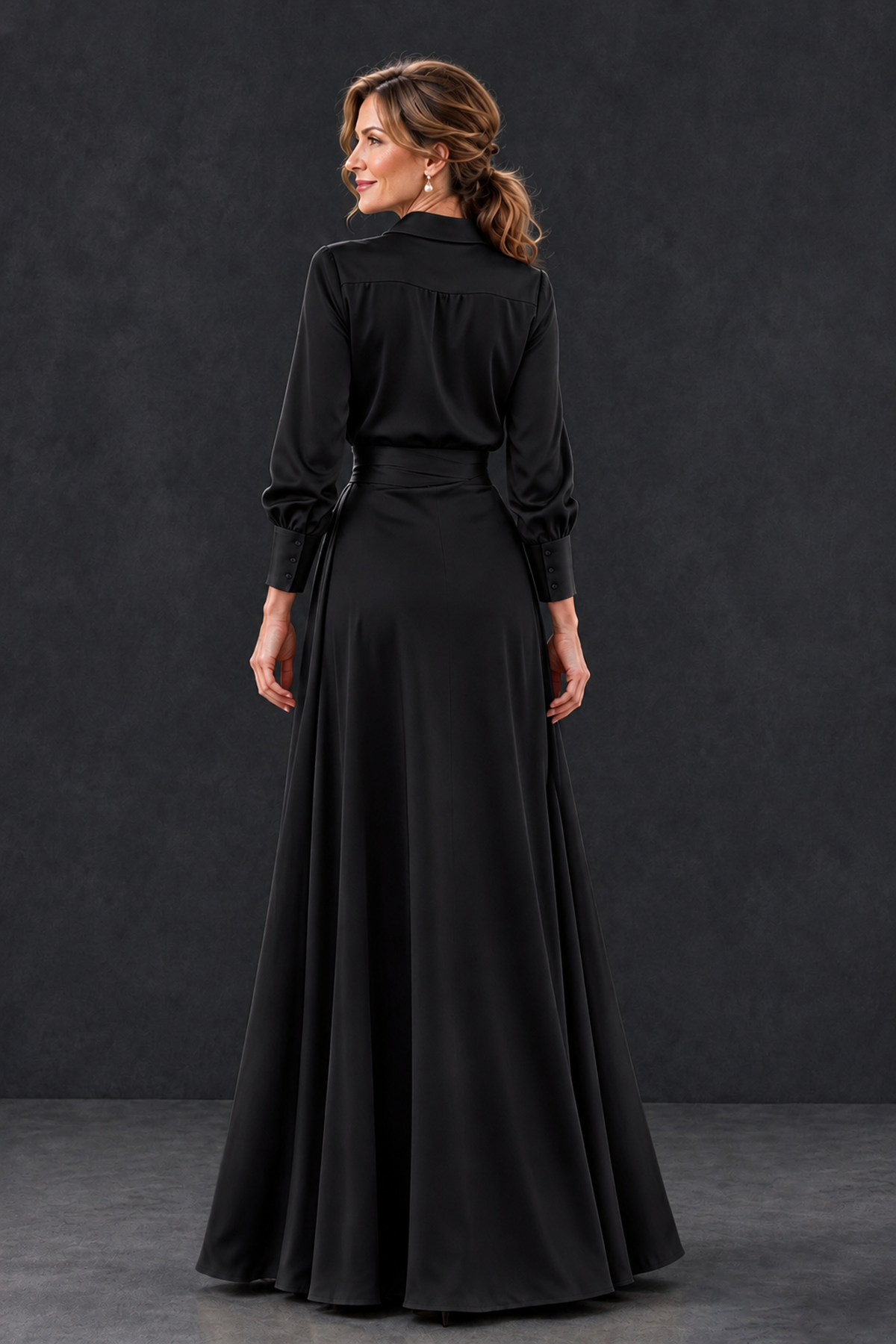 Covered back view of BOLODOO XX122 black long sleeve floor-length formal gown