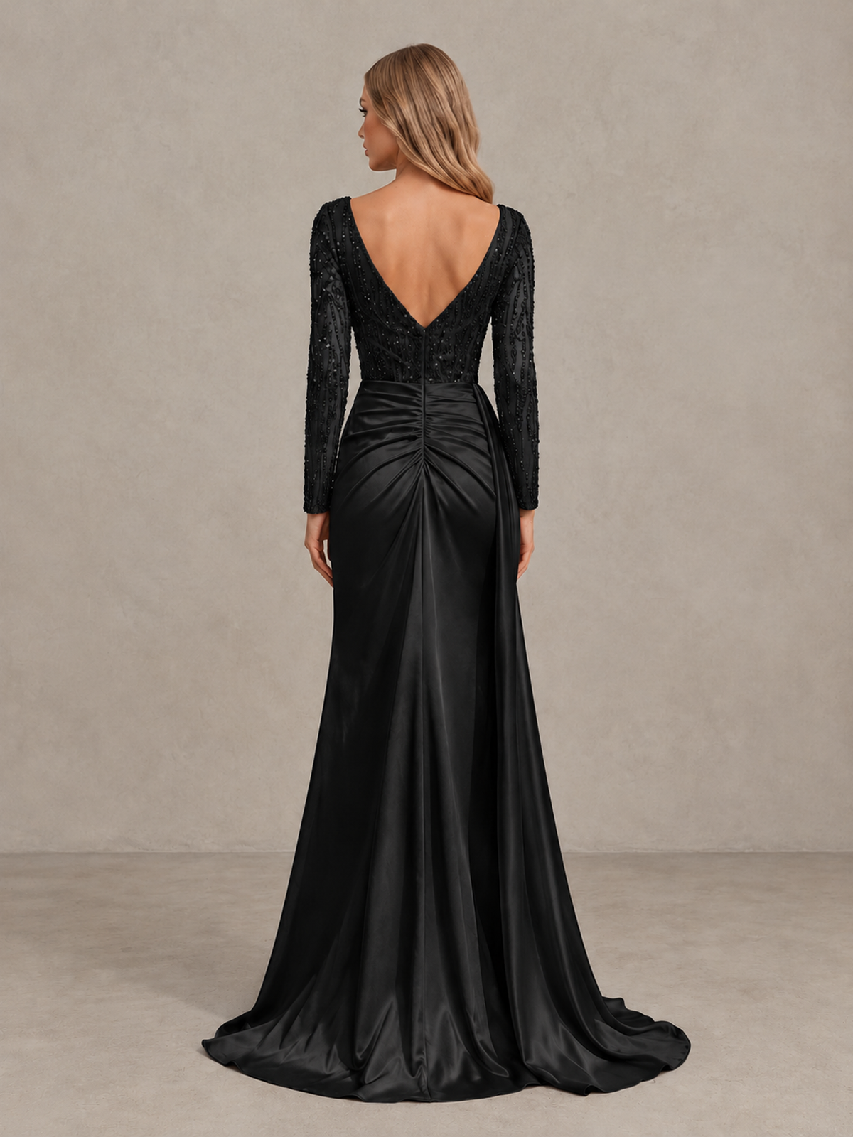 BOLODOO Black Long Sleeve Lace Evening Dress with High Slit 