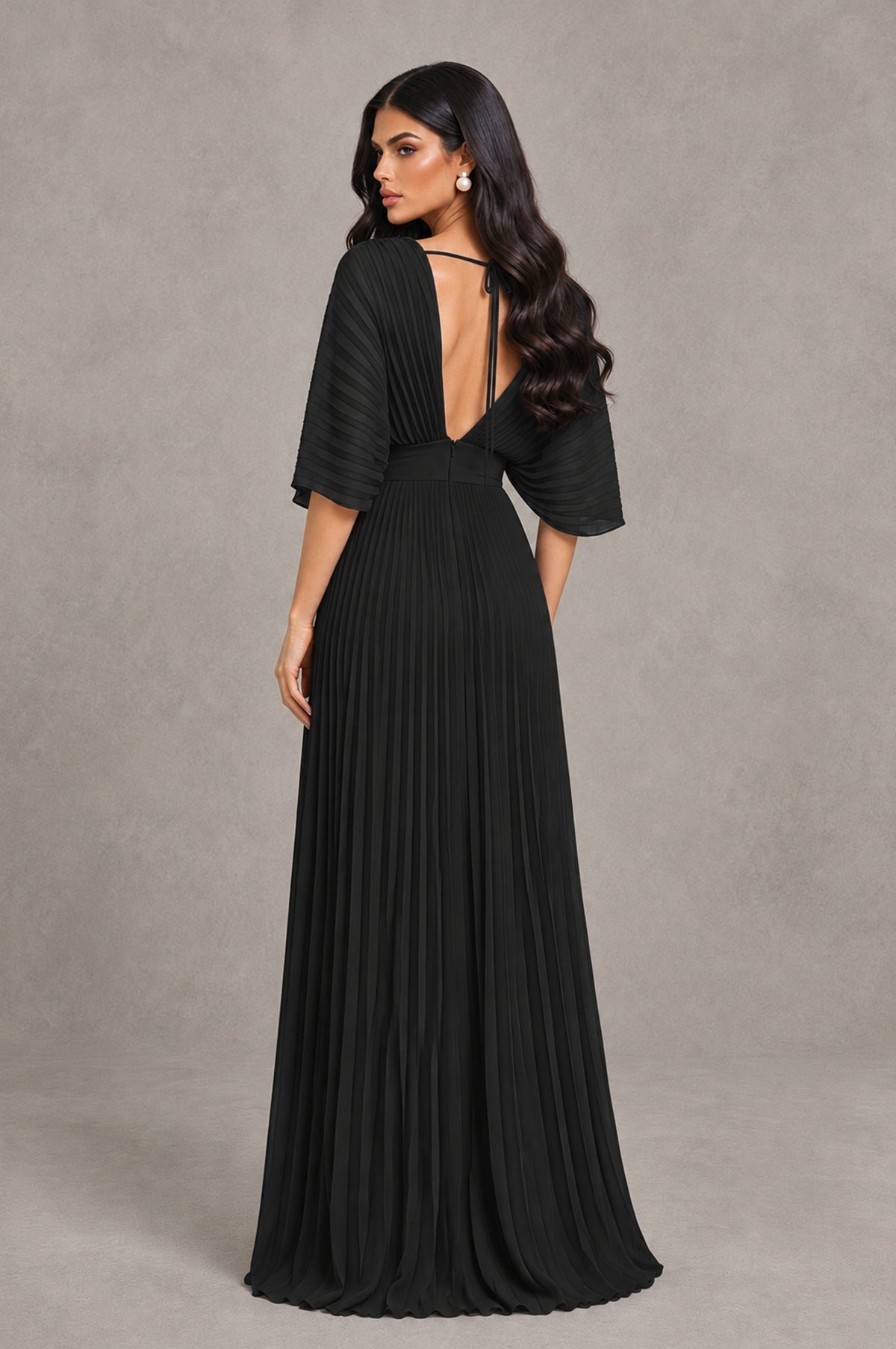 BOLODOO Black V-Neck Pleated Flutter Sleeve Formal Dress 