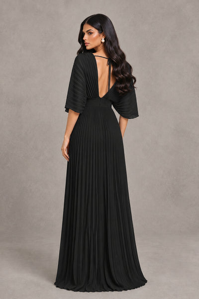BOLODOO Black V-Neck Pleated Flutter Sleeve Formal Dress 