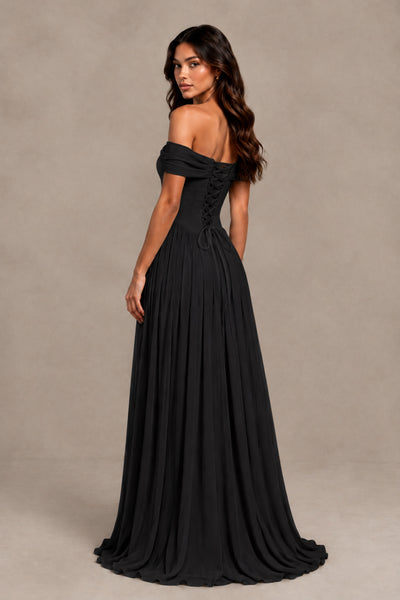 BOLODOO Black Off-Shoulder Sweetheart Corset Pleated Chiffon Maxi Dress 