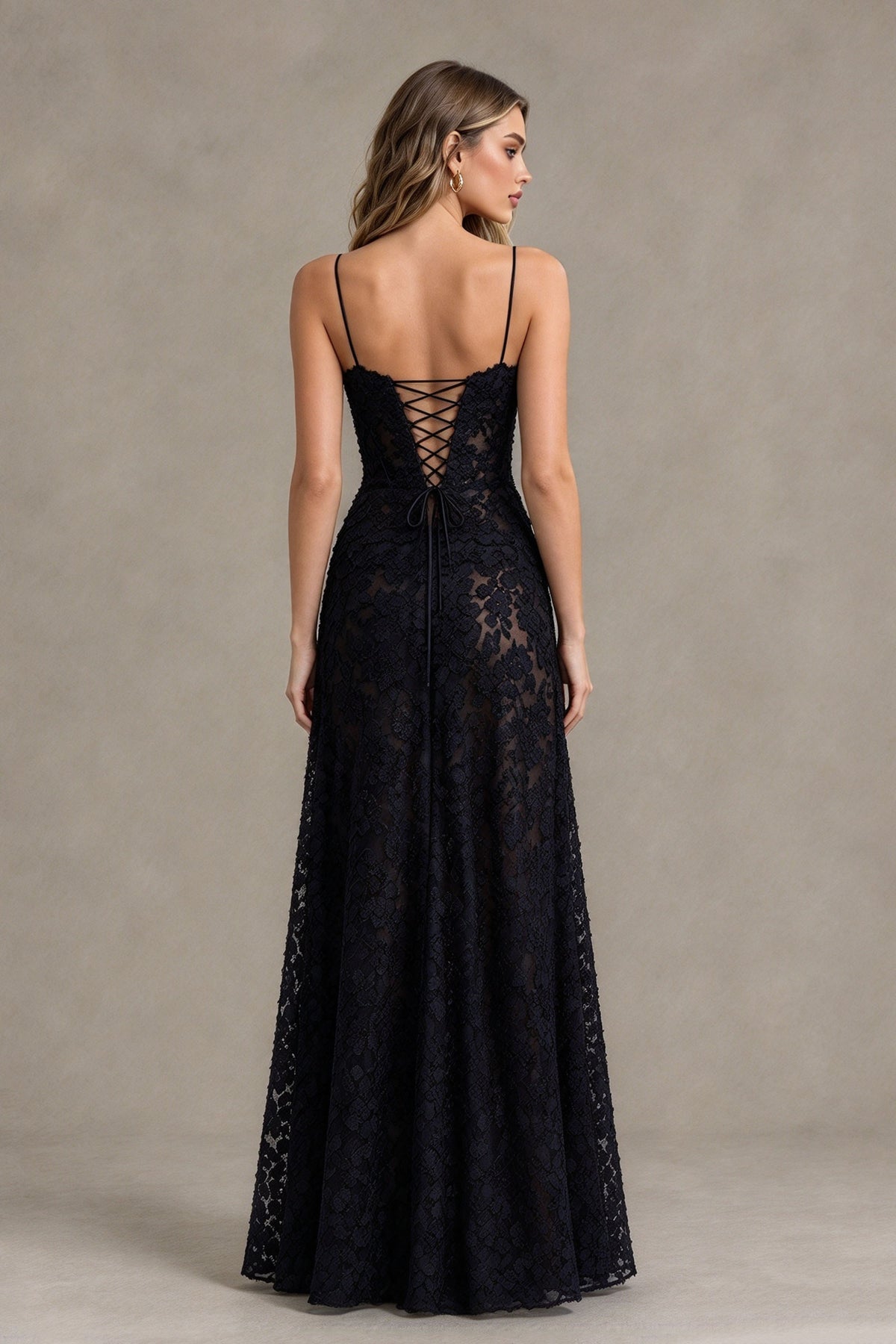 BOLODOO Black Floral Lace Wedding Guest Dress Spaghetti Straps Prom Dress 