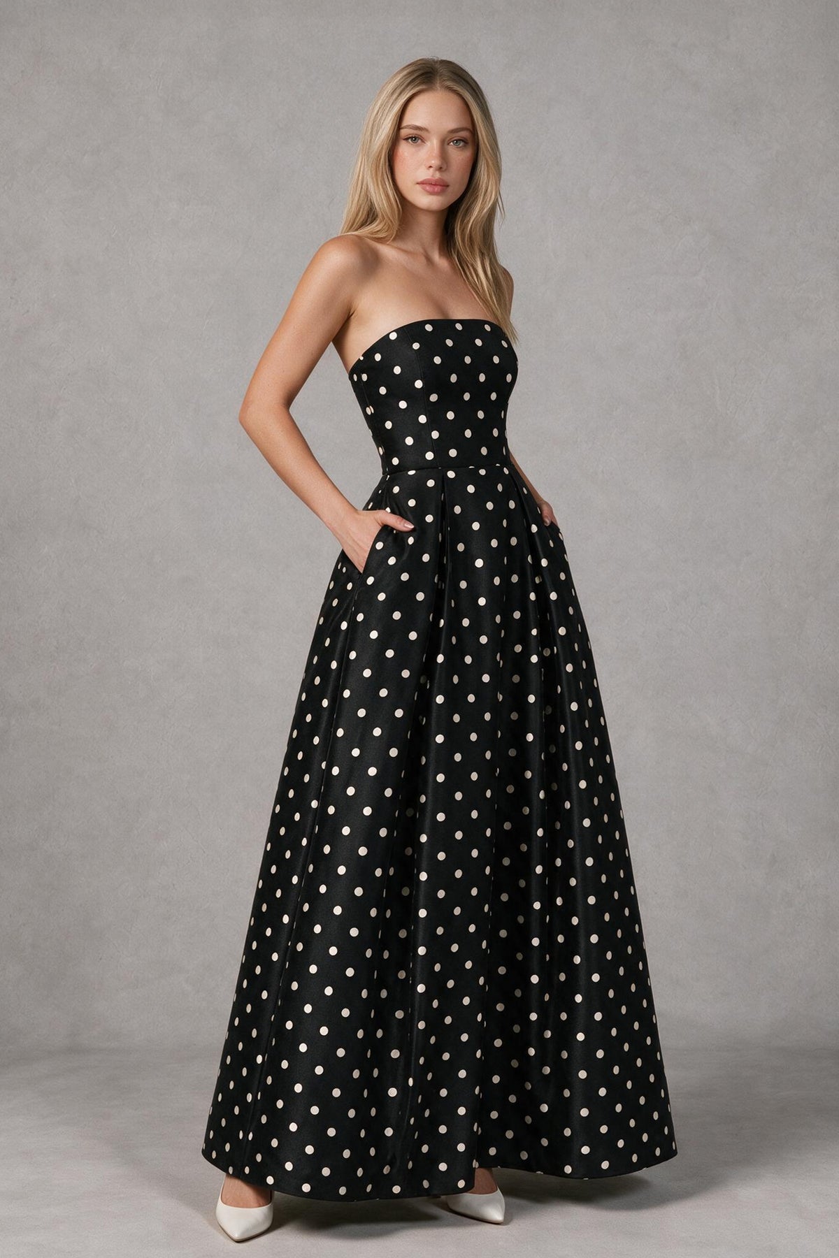 BOLODOO black and white polka dot strapless A-line maxi dress front view