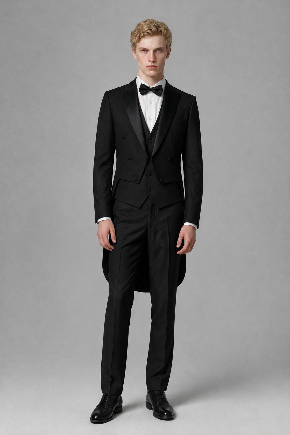 Bolodoo FQ1015 men's black three-piece tailcoat tuxedo with vest and trousers, full front view