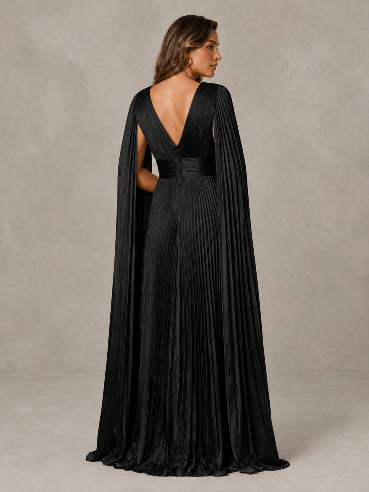 BOLODOO black pleated cape evening gown, back view showing deep V-back and center zipper