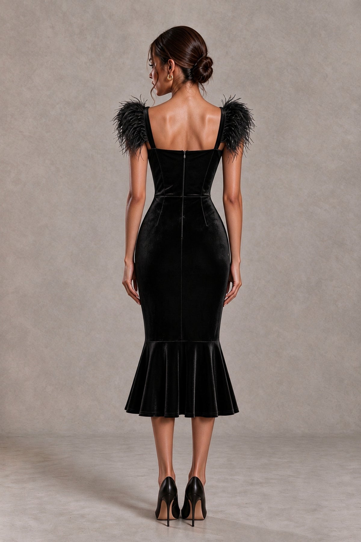 BOLODOO Black Feather-Trim Velvet-Look Mermaid Midi Dress 