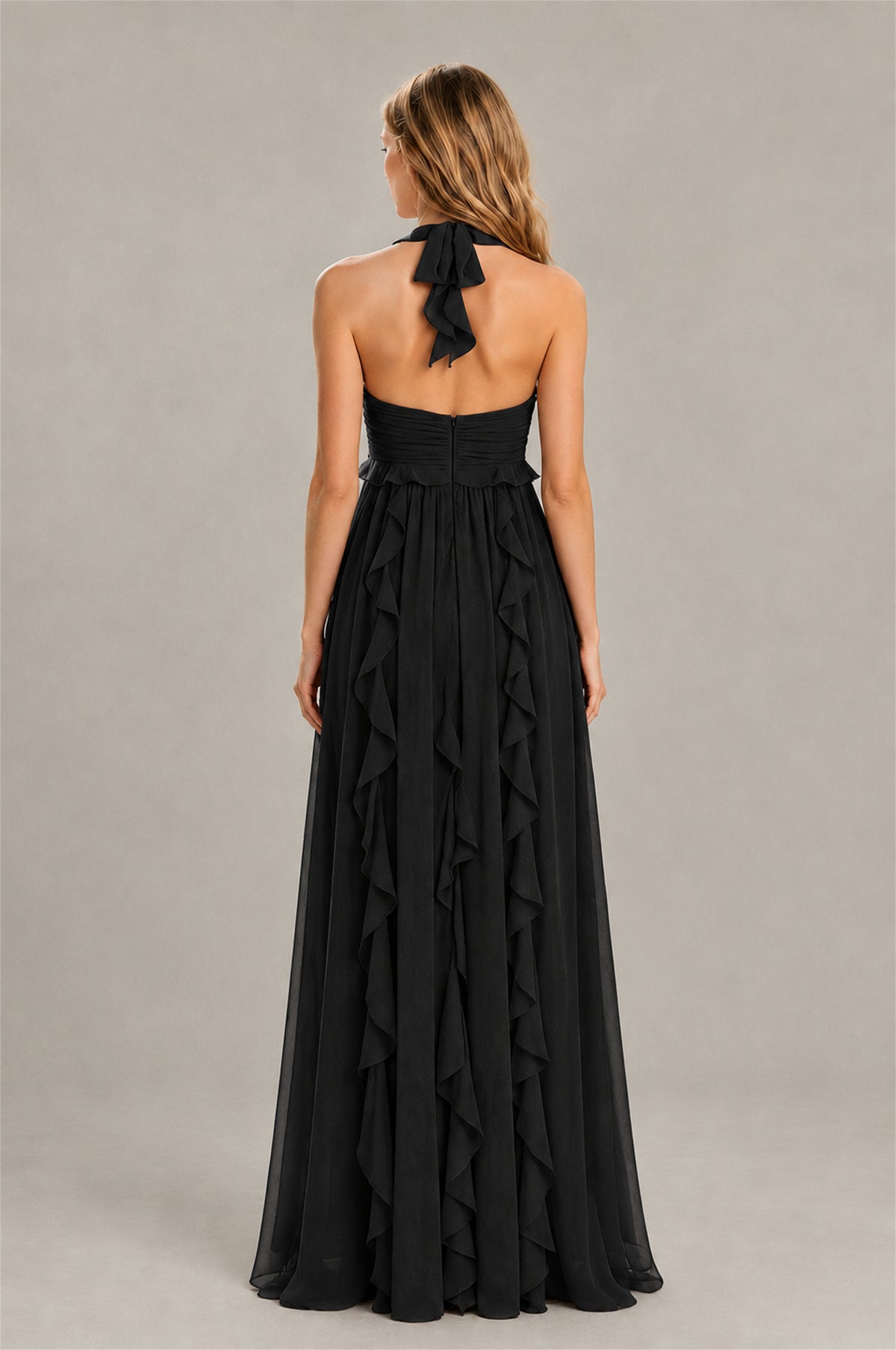 BOLODOO black halter maxi dress showing open upper back, neck ties and back zipper
