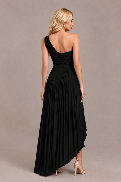 BOLODOO Black One-Shoulder High-Low Ruffle Maxi Dress 
