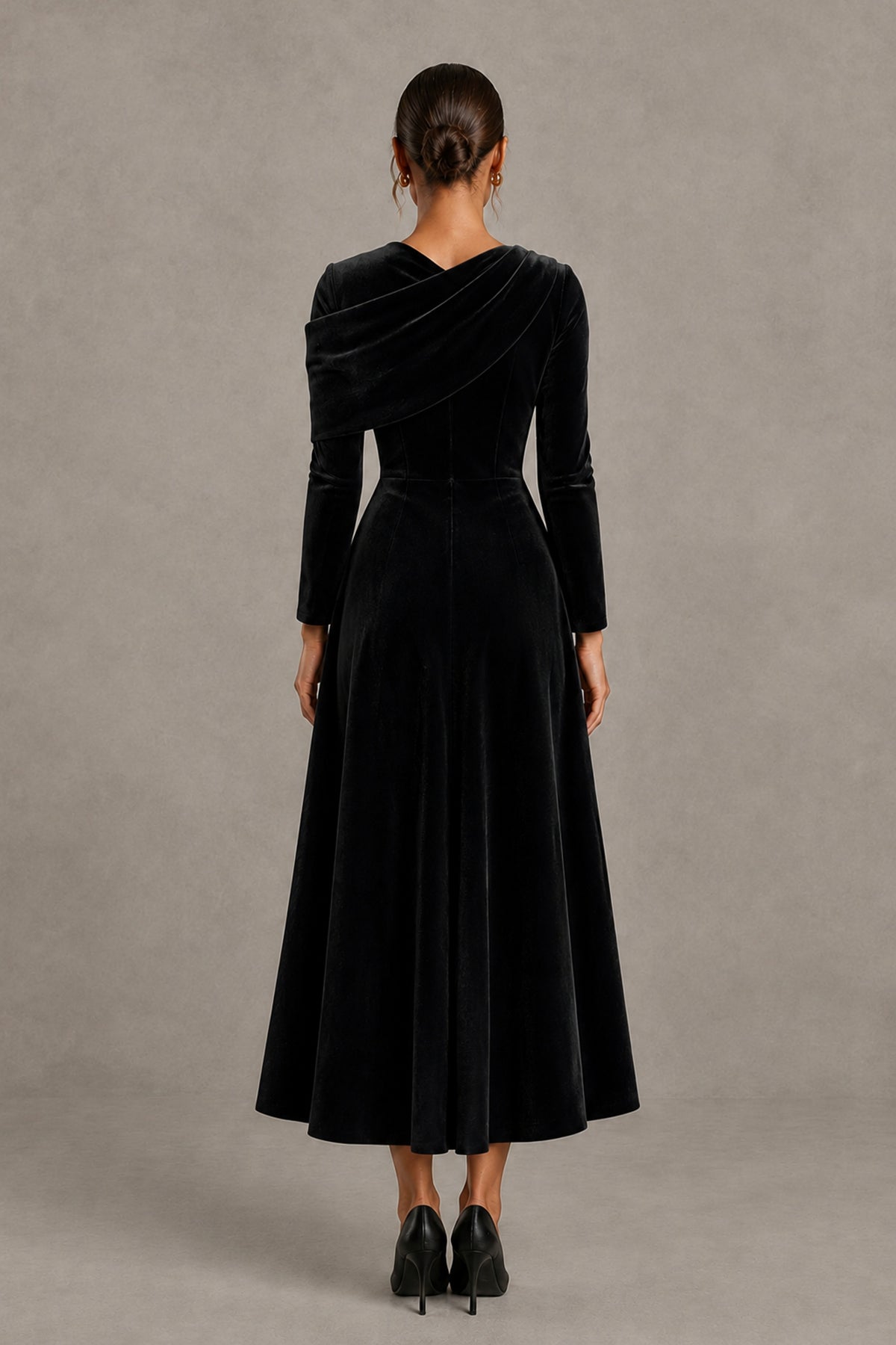 BOLODOO FQ0074 black tea-length dress, covered back view with long sleeves and no slit