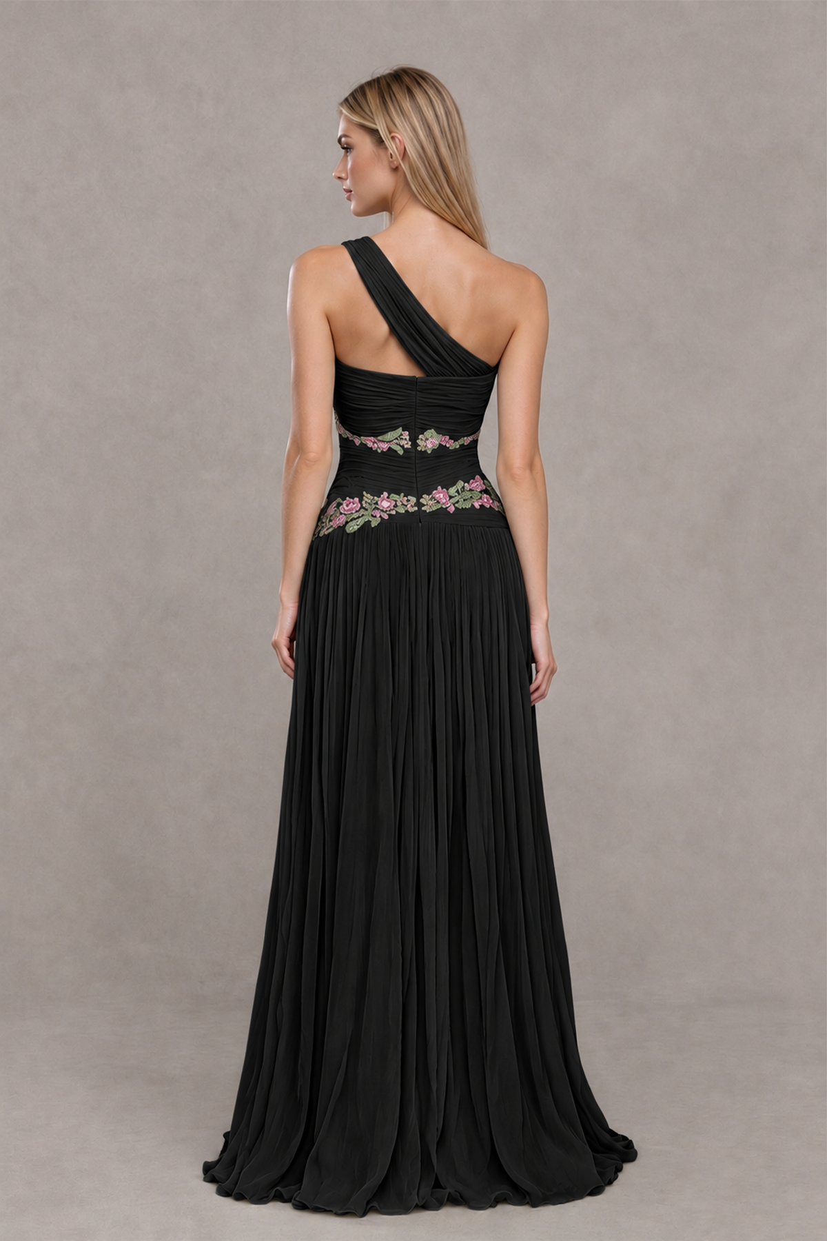 BOLODOO XX092 black floral evening gown with exposed upper back and diagonal shoulder strap, back view