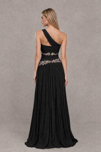 BOLODOO XX092 black floral evening gown with exposed upper back and diagonal shoulder strap, back view