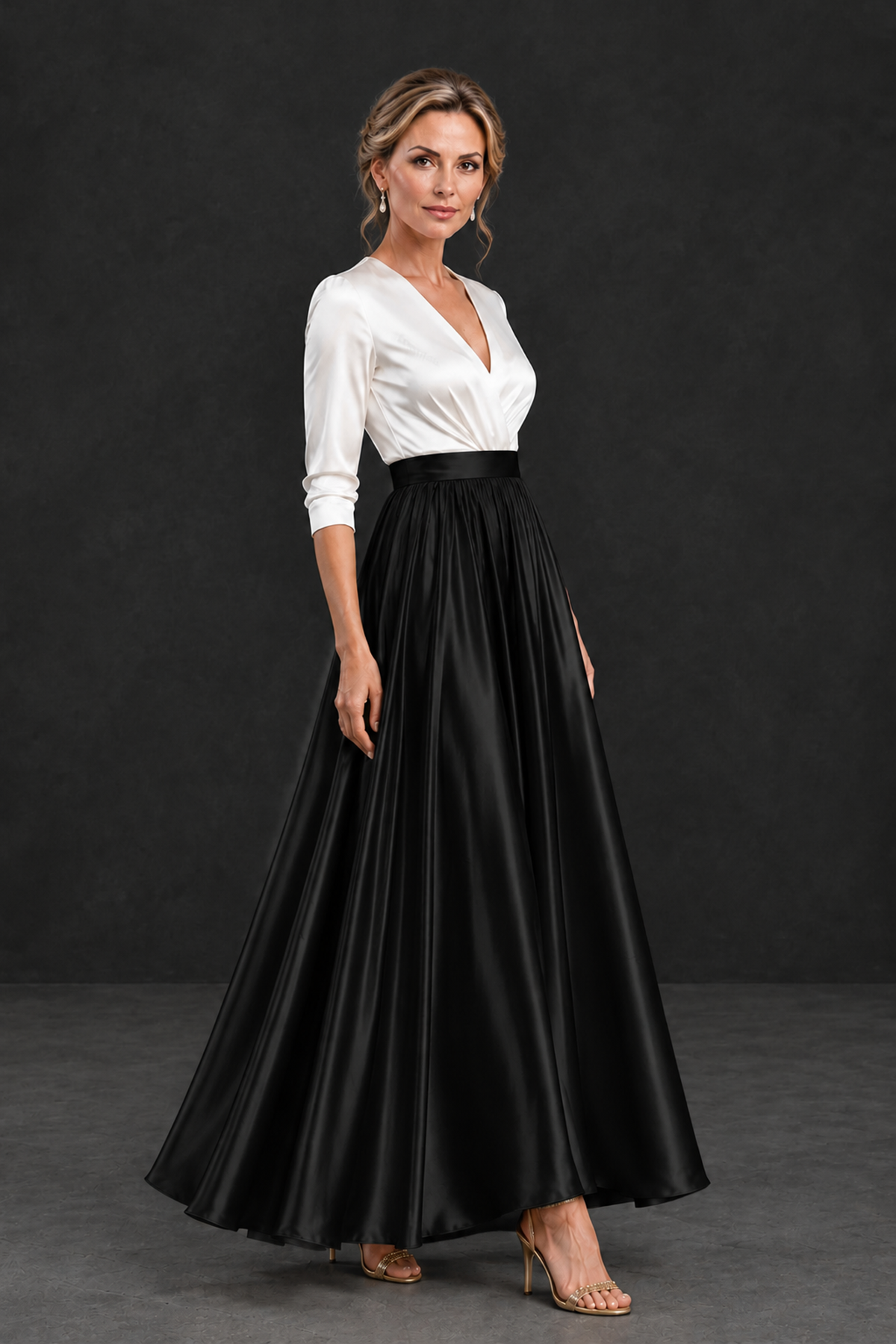 BOLODOO black and white ankle-length A-line occasion dress three-quarter view