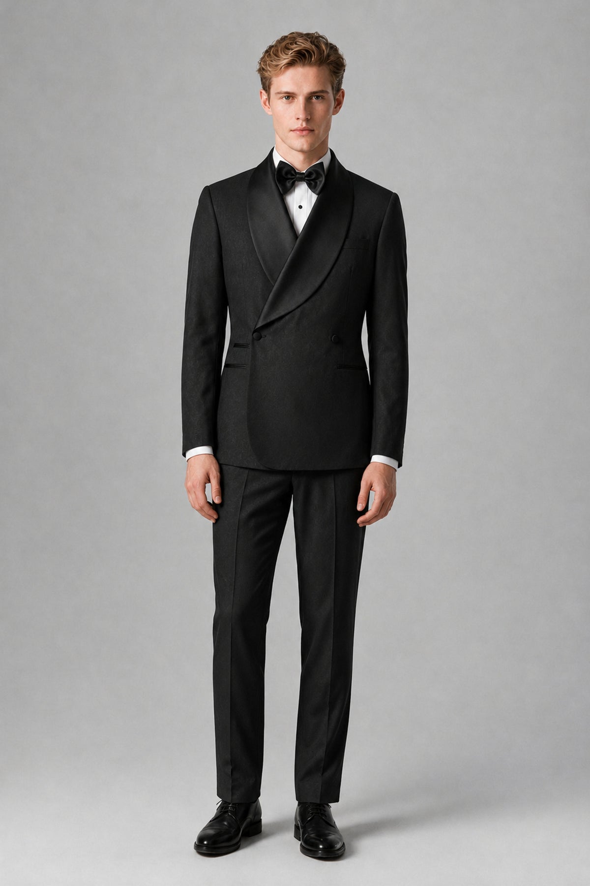 Bolodoo FQ1004 men's black two-piece shawl lapel tuxedo jacket and trousers, full front view