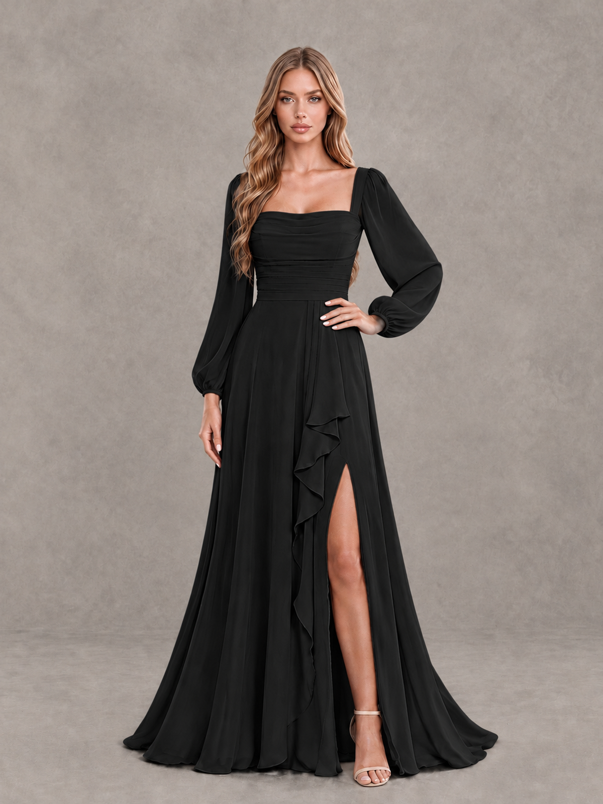 BOLODOO XCD049 black square neck long sleeve bridesmaid dress with ruffle slit, front view