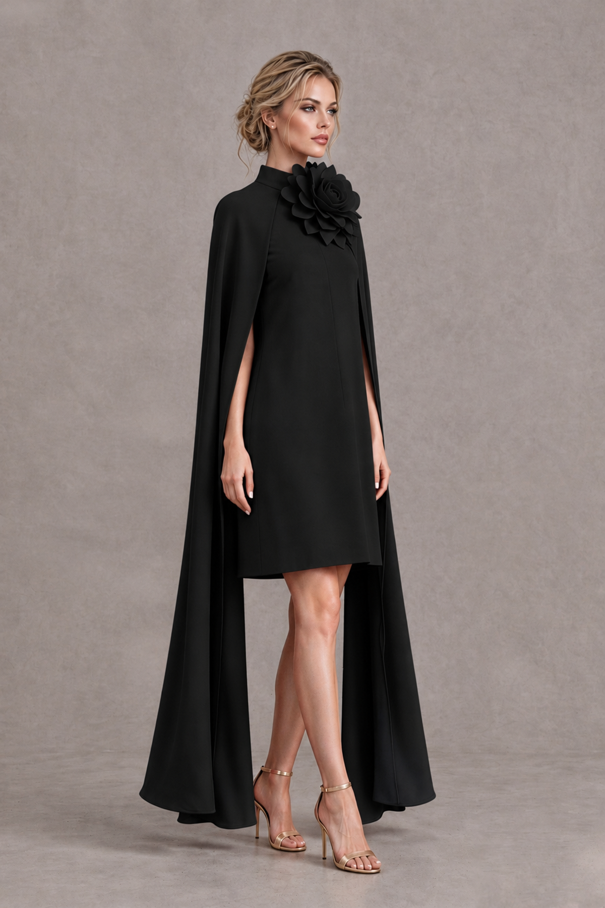 Three-quarter view of BOLODOO black mini dress with floor-length cape panels and floral neckline