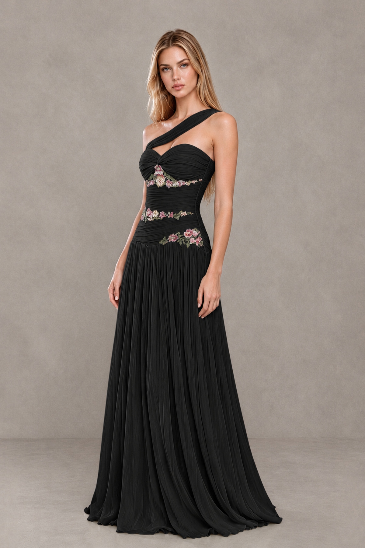 BOLODOO XX092 black sleeveless evening dress with sweetheart bodice and colorful floral details, three-quarter view
