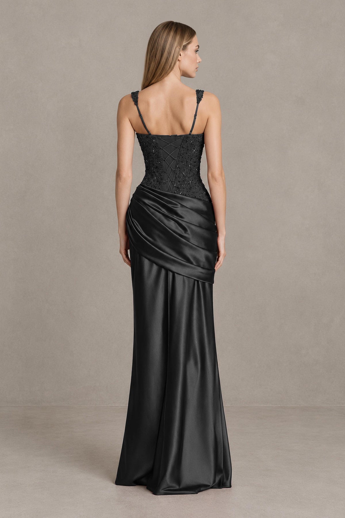 Back view of BOLODOO FQ0056 black evening gown showing exposed upper back, lace-up bodice and satin-look skirt