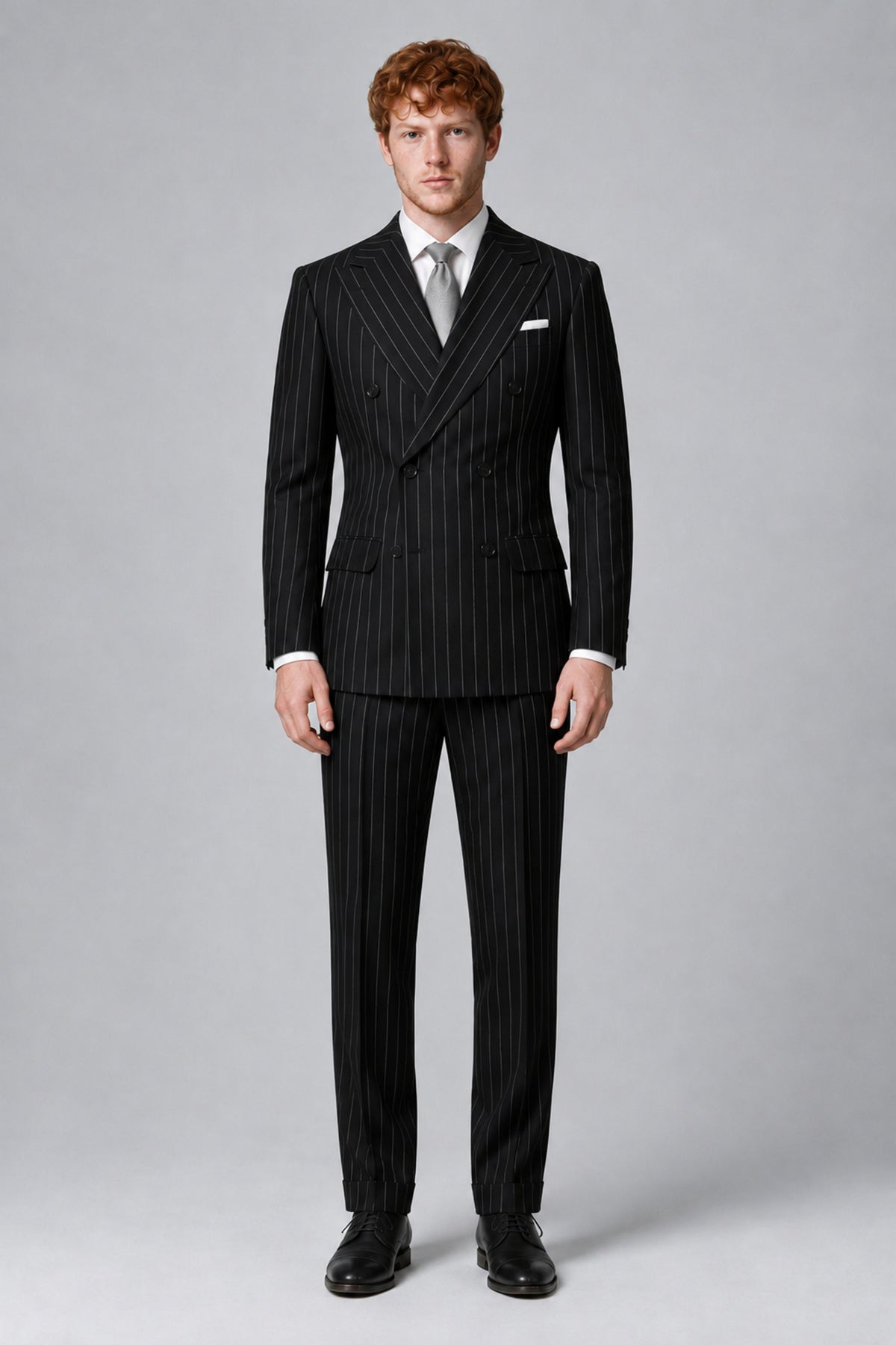 Bolodoo FQ1002 men's black pinstripe two-piece suit with double-breasted jacket and matching trousers, full front view
