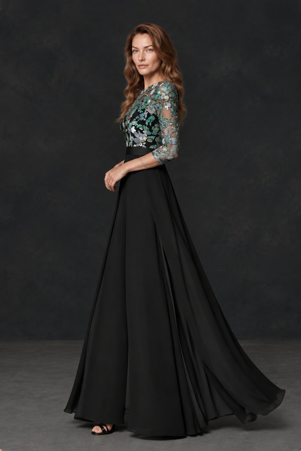 Back view of black floor-length A-line evening gown with covered floral embroidered mesh bodice