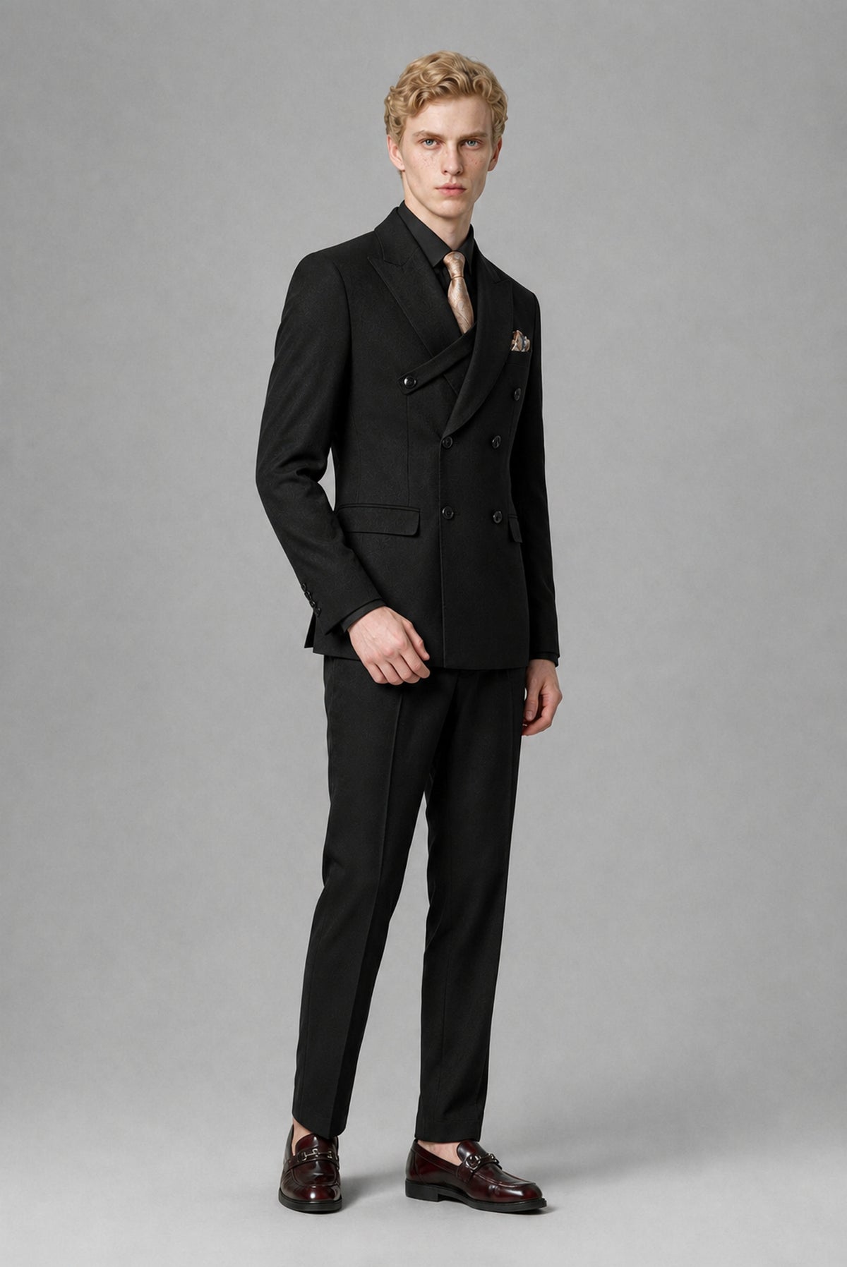 BOLODOO men's black suit jacket and tapered trousers, three-quarter full-length view