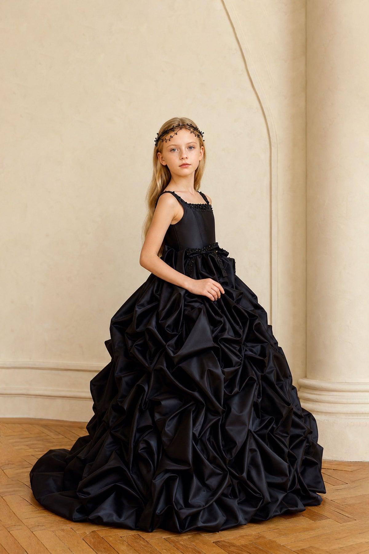 BOLODOO Girls Black Satin Pick-Up Ball Gown Three-Quarter Side View – Voluminous Pick-Up Skirt and Train
