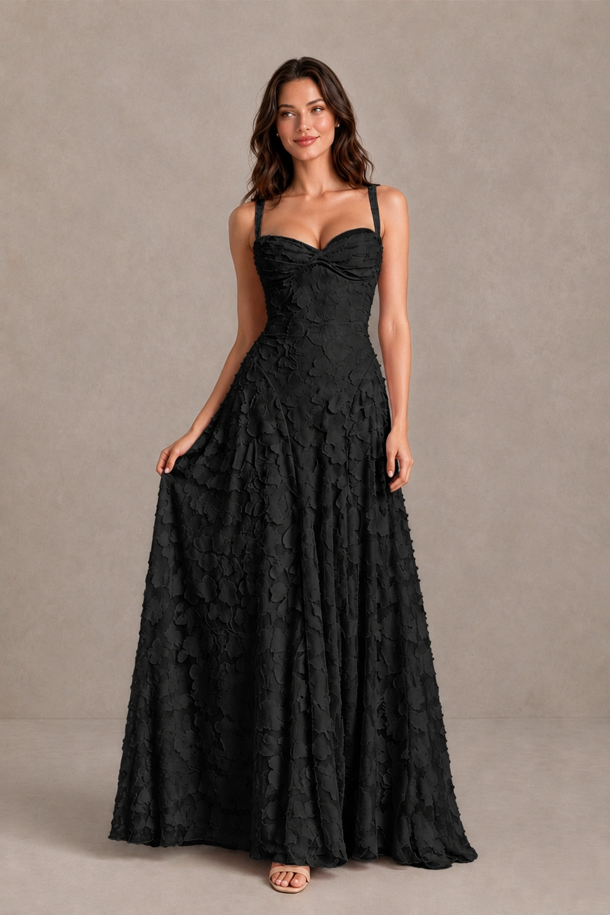 BOLODOO XX098 black floral-textured A-line maxi dress with twisted sweetheart neckline, full front view