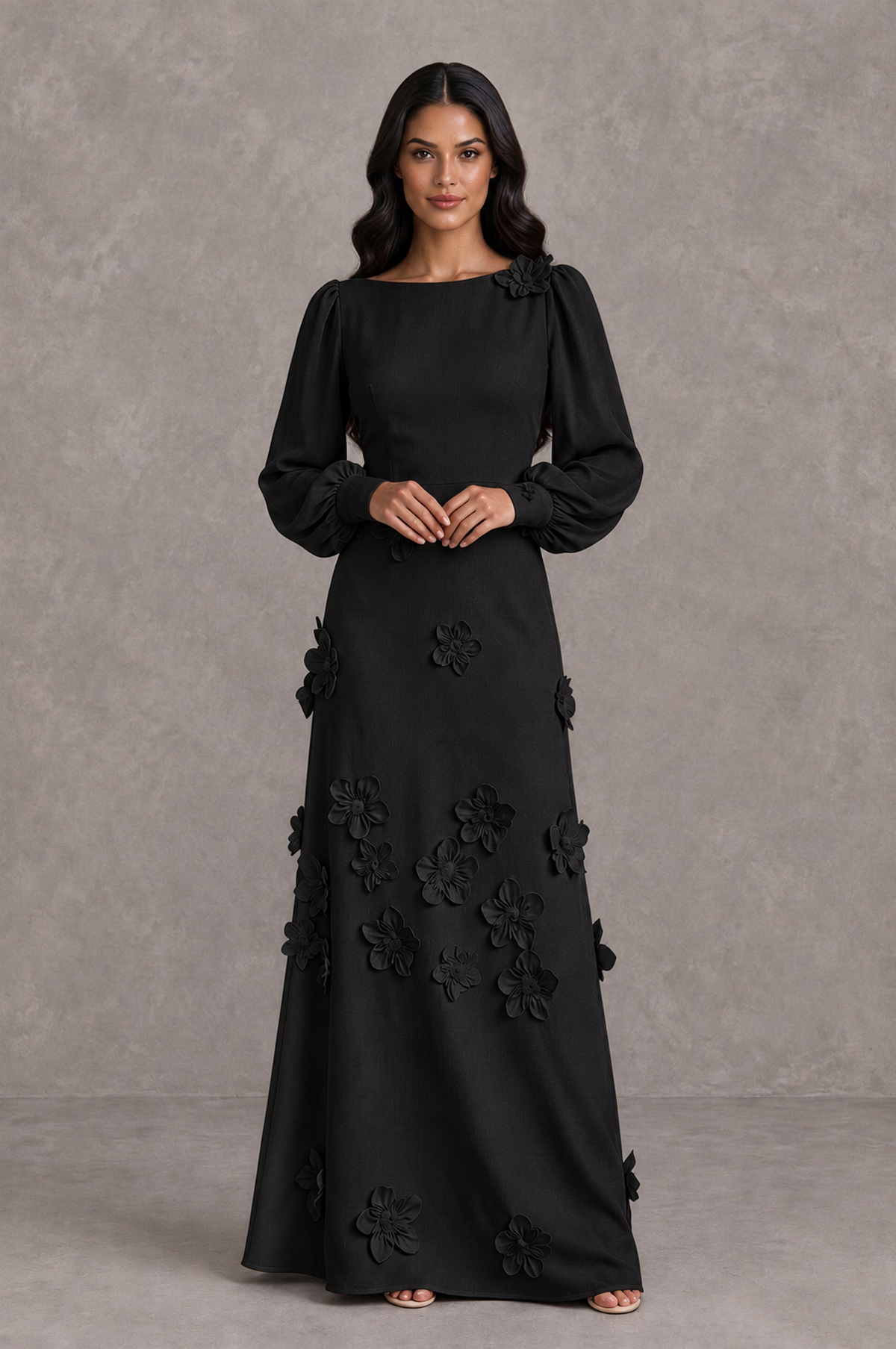 BOLODOO black A-line evening gown with tonal 3D flowers and boat neckline, front styling view
