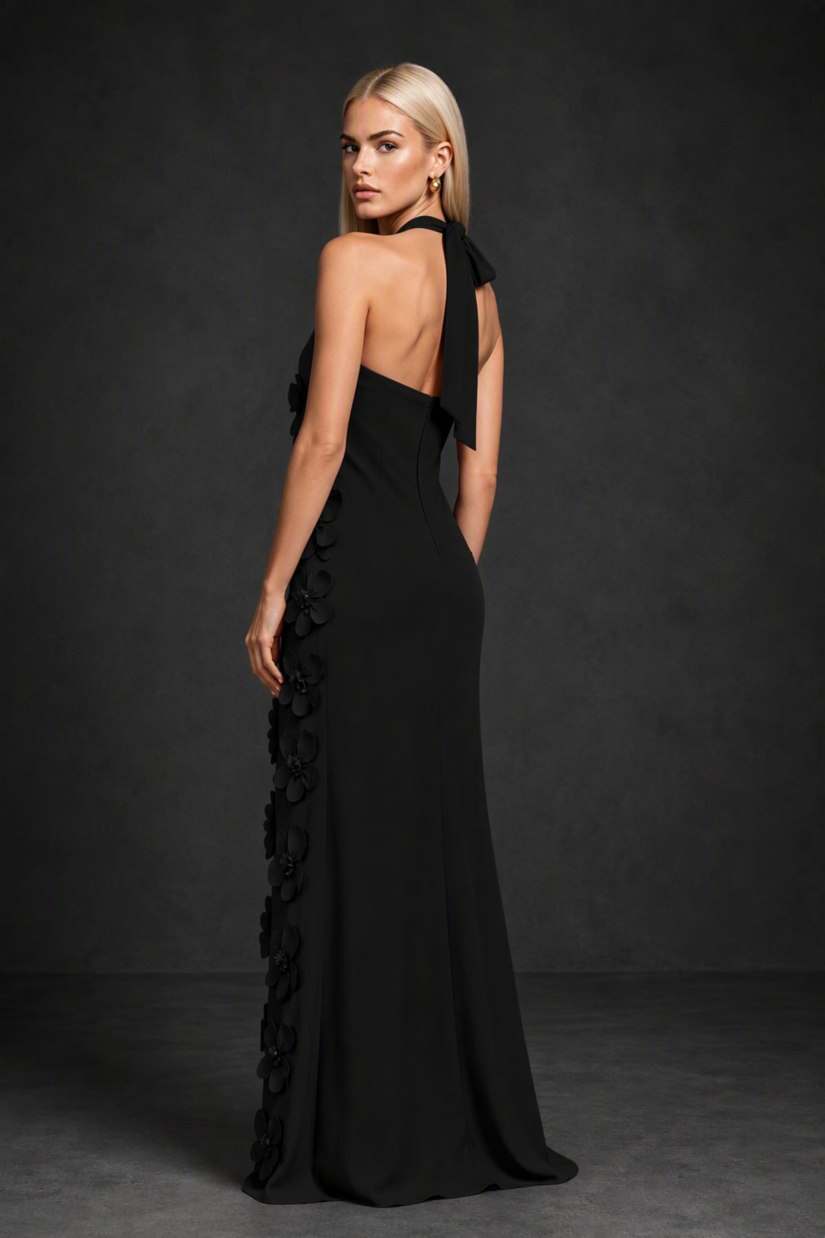 BOLODOO Black Cross Halter Neck 3D Floral Appliqué Backless Mermaid Gown - Back View Open Back
