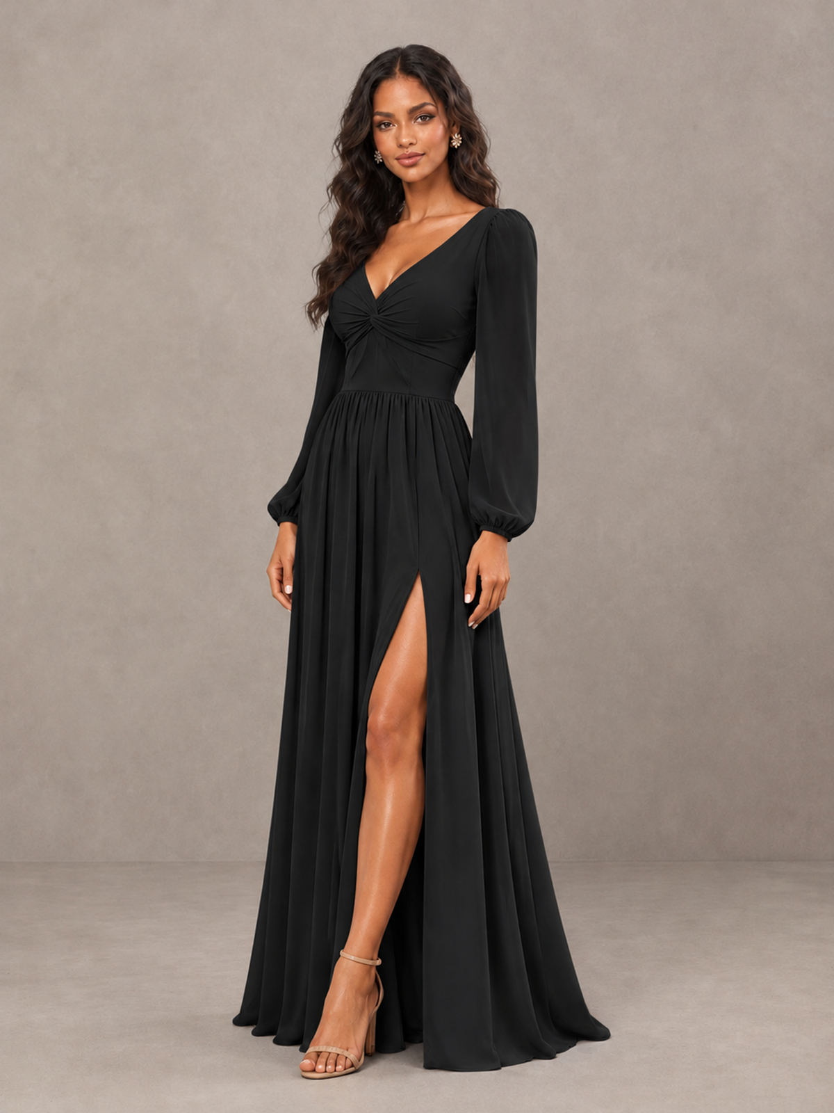 BOLODOO XCD050 black V-neck long sleeve bridesmaid dress with high slit, three-quarter front view