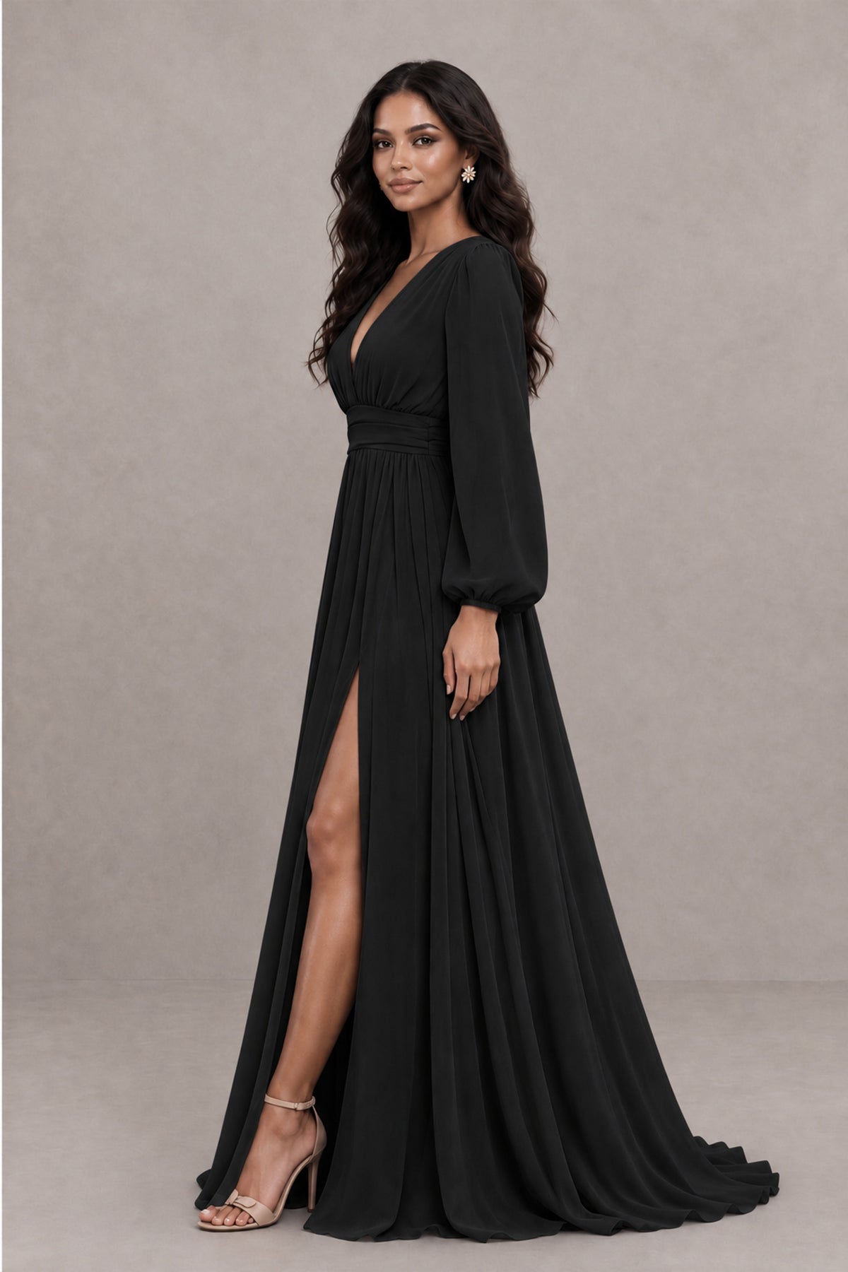 BOLODOO black flowing formal gown, side view showing thigh-high slit and gathered waist