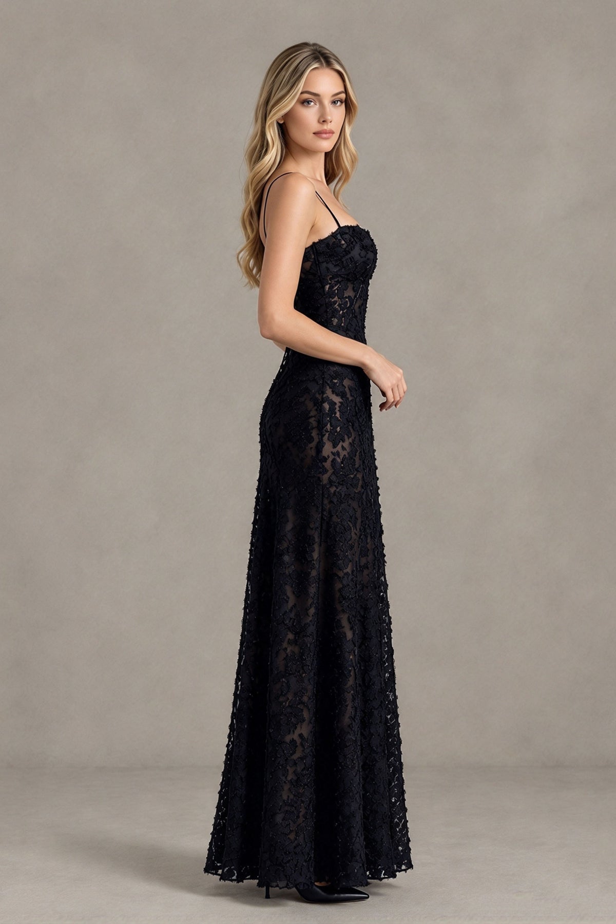 BOLODOO Black Floral Lace Wedding Guest Dress Spaghetti Straps Prom Dress 