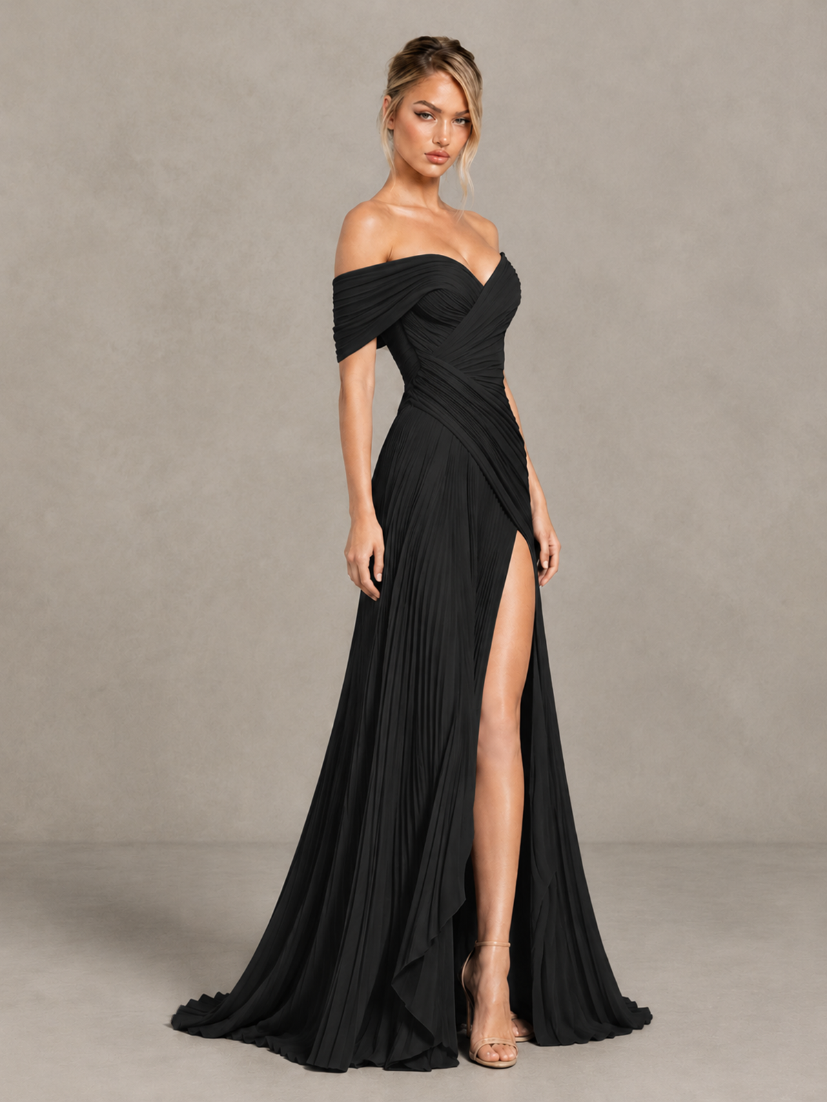 BOLODOO Black Off-Shoulder Ruched Pleated Maxi Dress with High Slit 