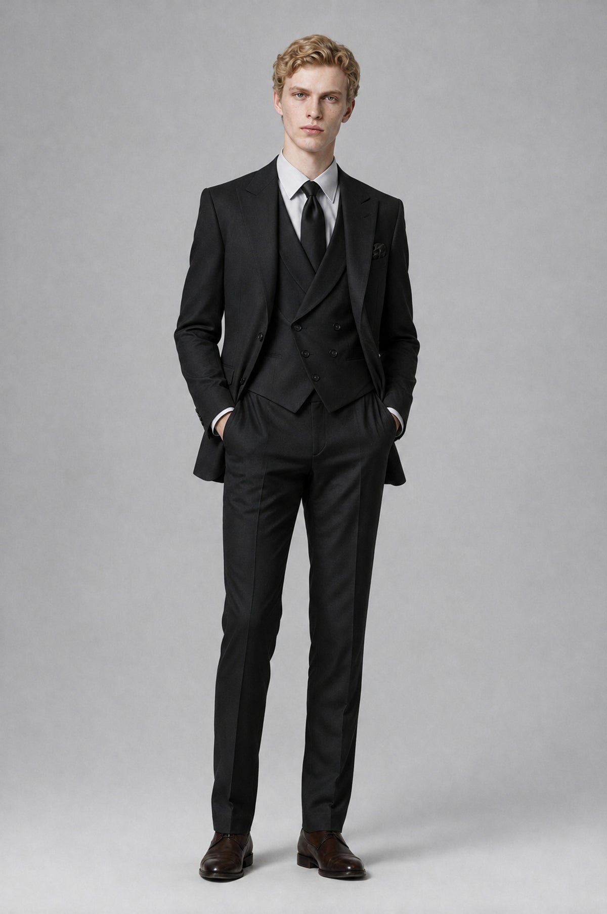 Bolodoo FQ1005 men's black suit jacket and trousers, full-length front view; waistcoat not included