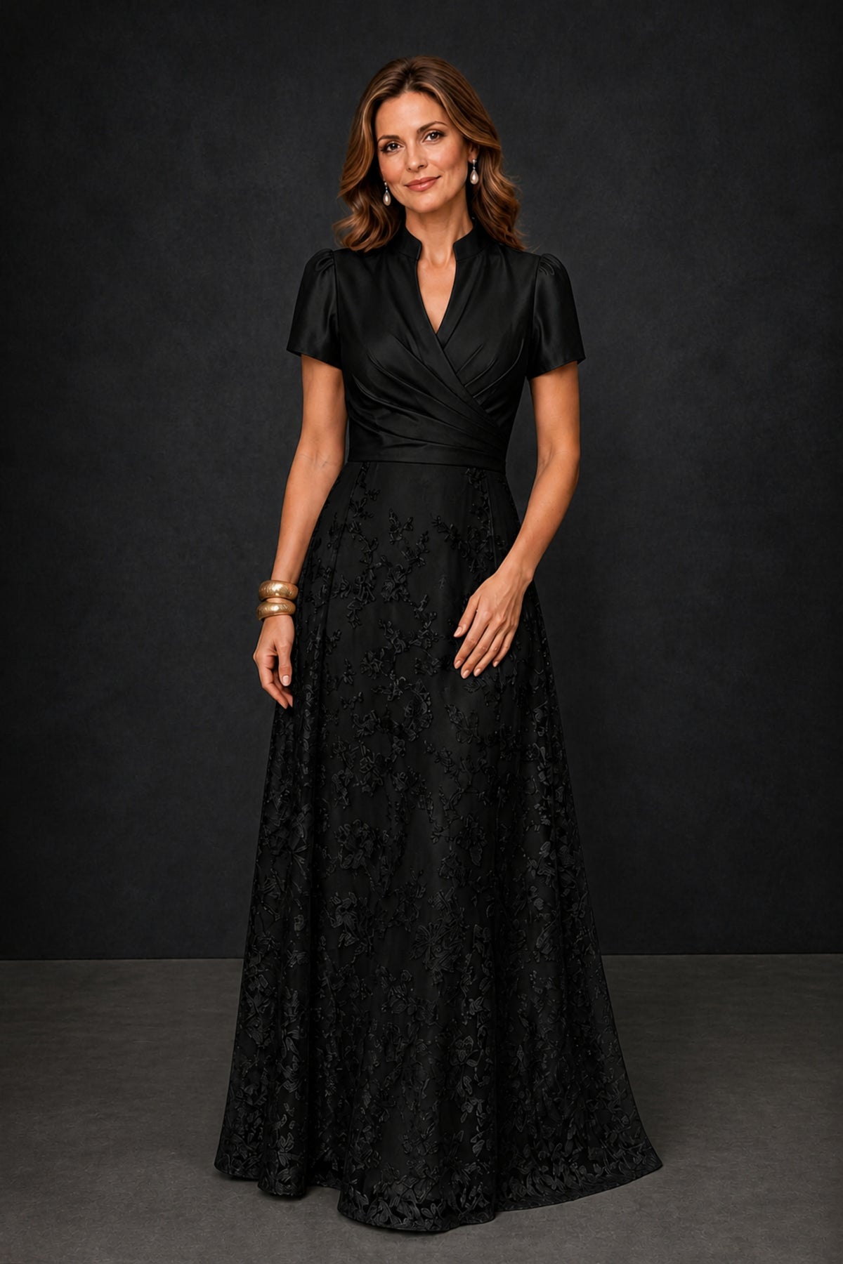 BOLODOO Black Lace Glitter A-Line Evening Gown – Front View Arms Down